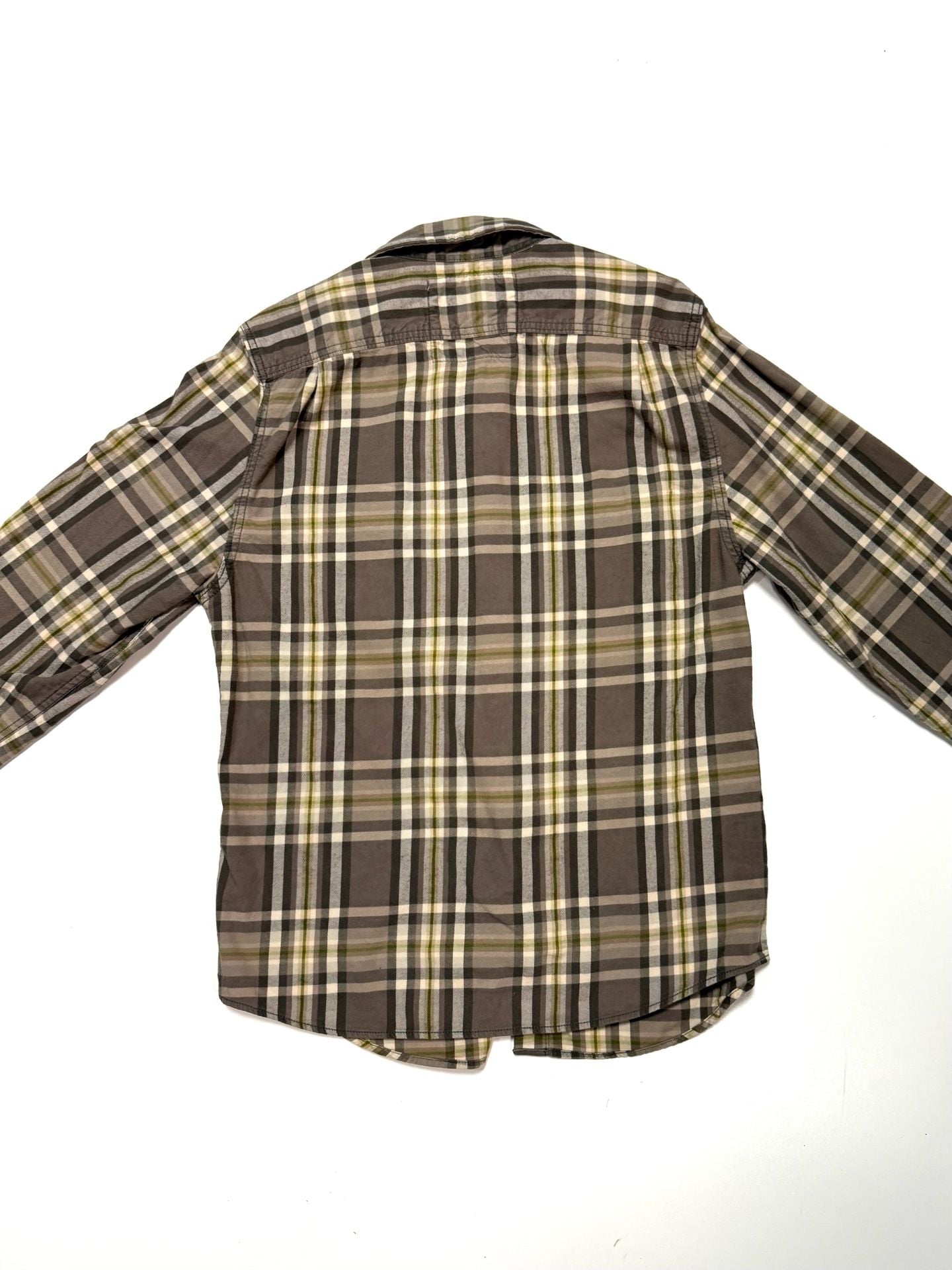 Abercrombie & Fitch Men's Flannel Shirt M Workwear Heritage Americana Cabincore Grunge Muscle Fit Plaid Brown Olive Green Cream Long Sleeve Button Up Two Chest Pockets 100% Cotton Lumberjack 10
