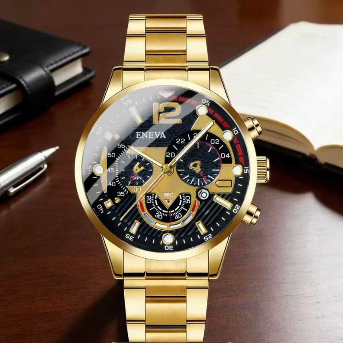Geneva Luxury Gold Men's Six Pin Quartz Watch 4