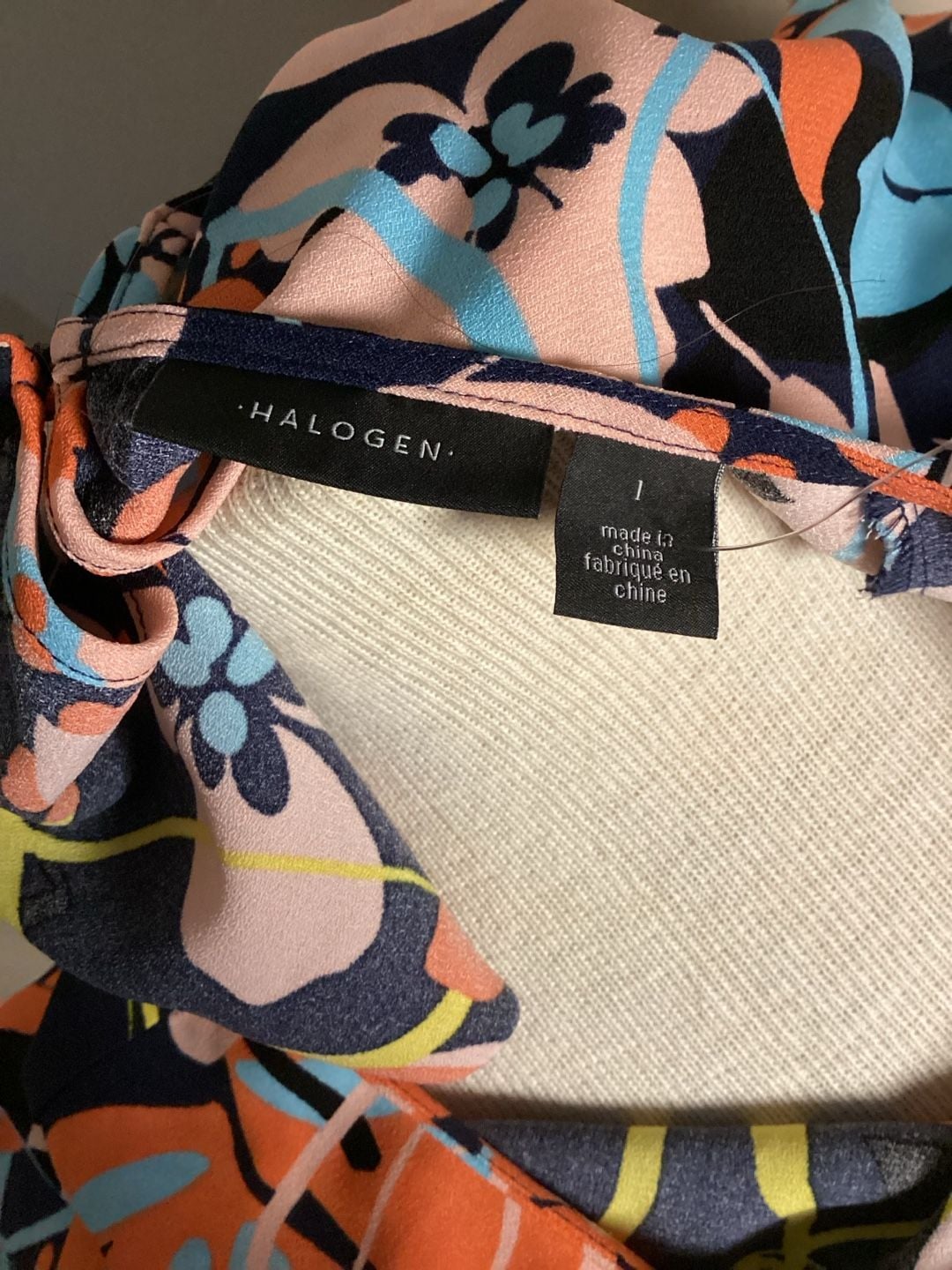 Halogen Floral Blouse Size L Navy Blue Short Sleeve Top 3