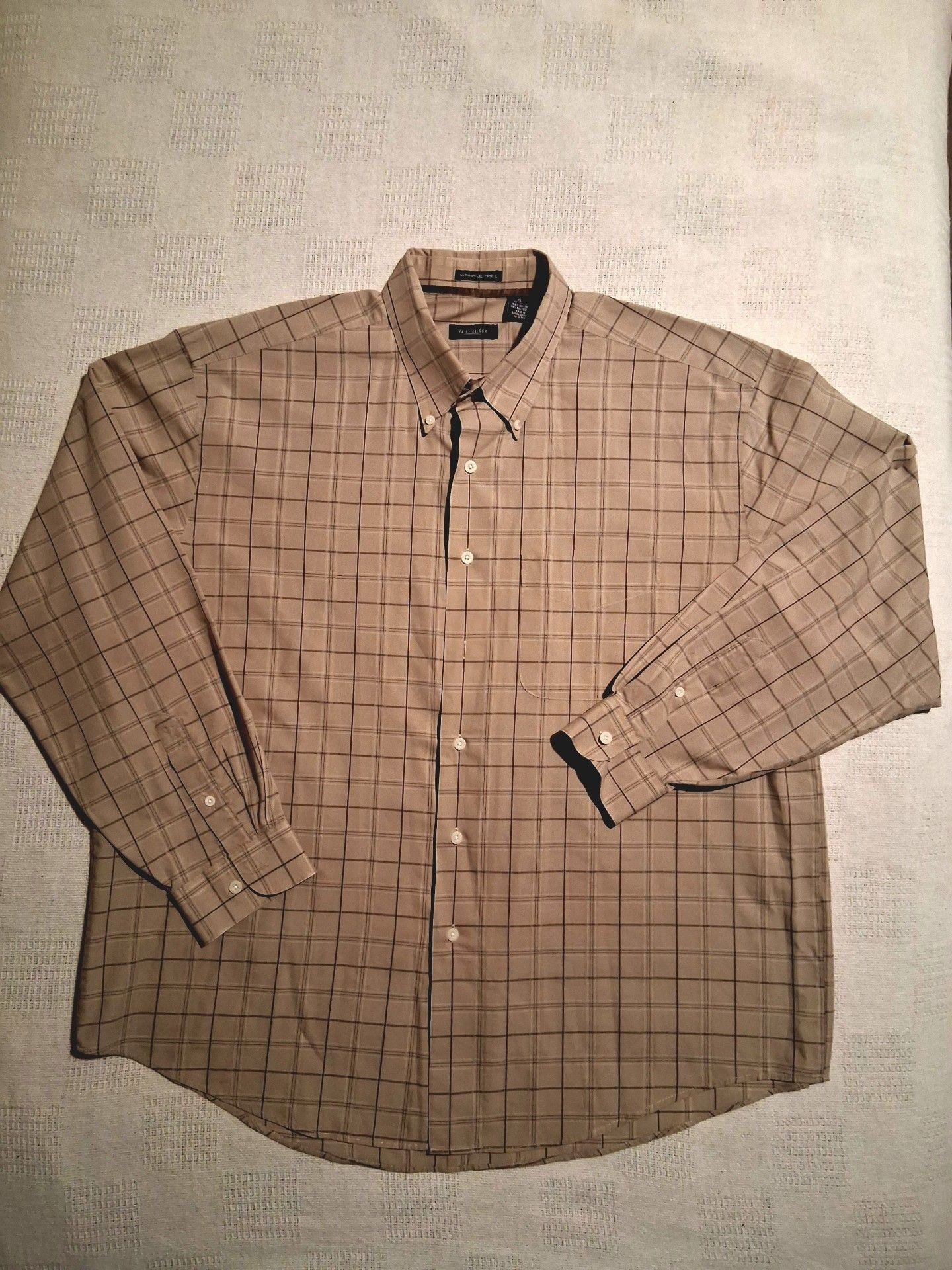 Van Heusen Plaid Button Down Shirt XL Tan Long Sleeve 2
