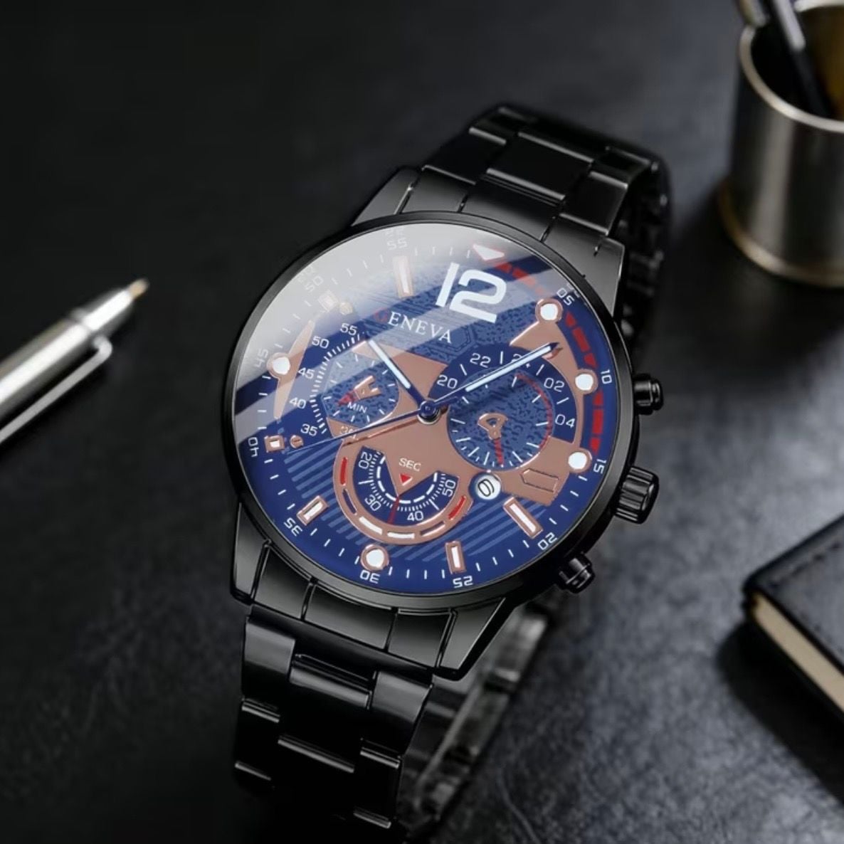 Geneva Men's Luxury Quartz Watch Black And Blue Dial 3