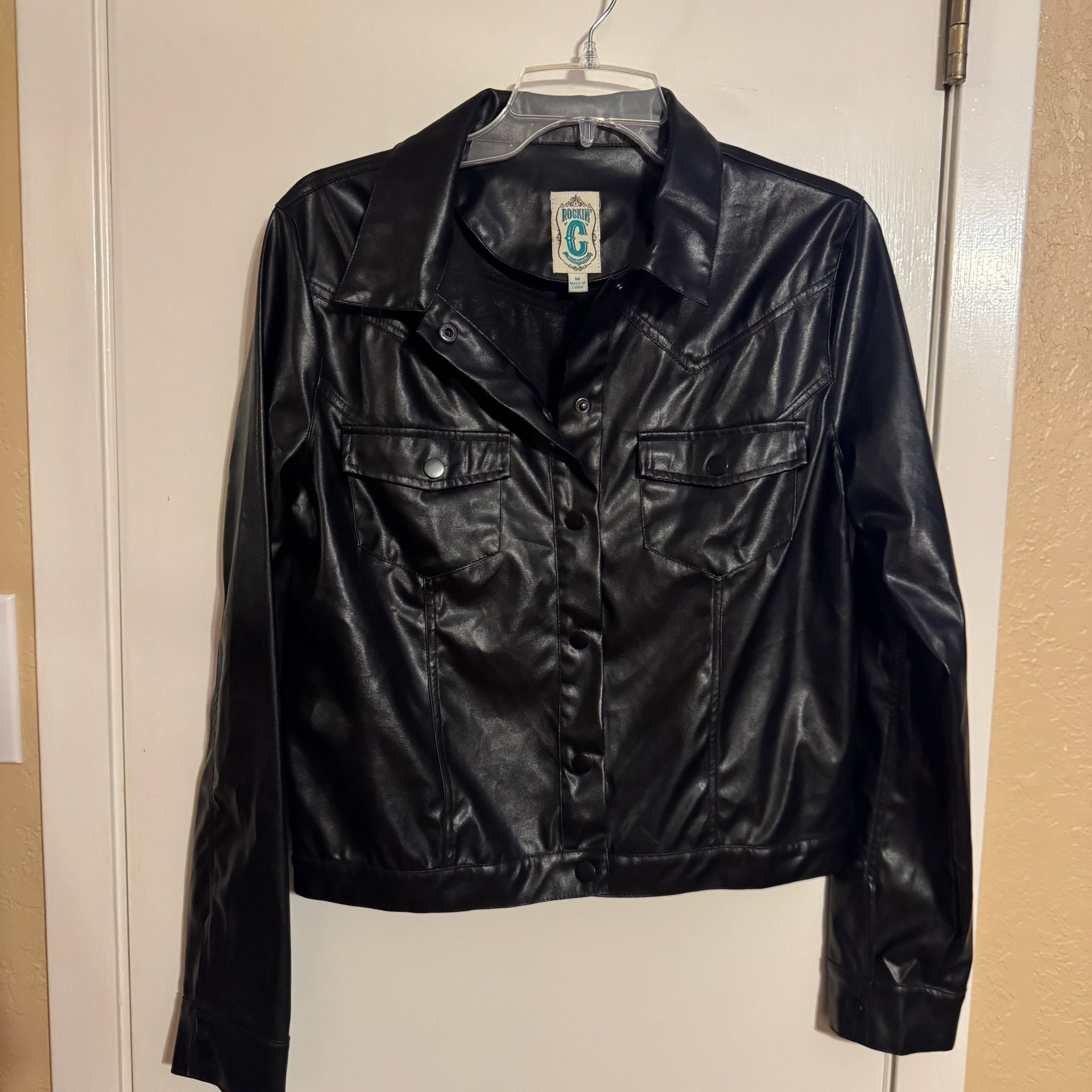 Rockin’ C Western Wear Womens M Black Faux Leather Fringe Jacket NWOT Cowgirl 6