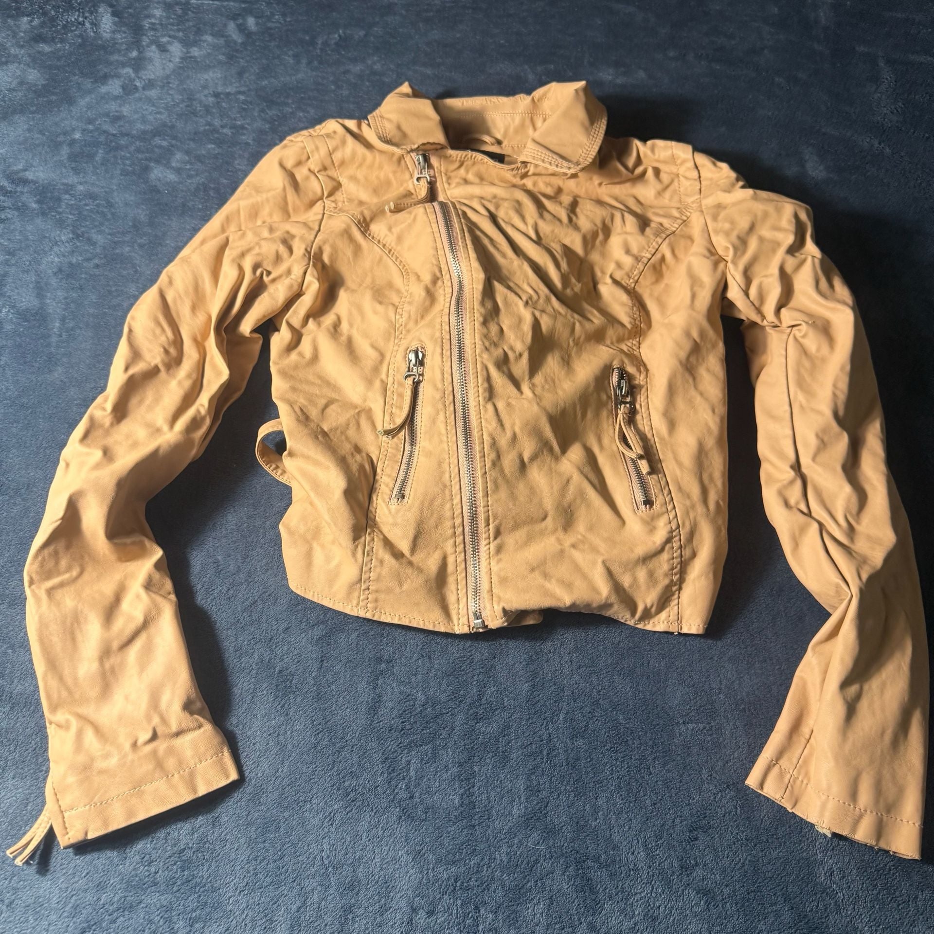 Solemio Moto Jacket Size M Tan Faux Leather Corset Back 2