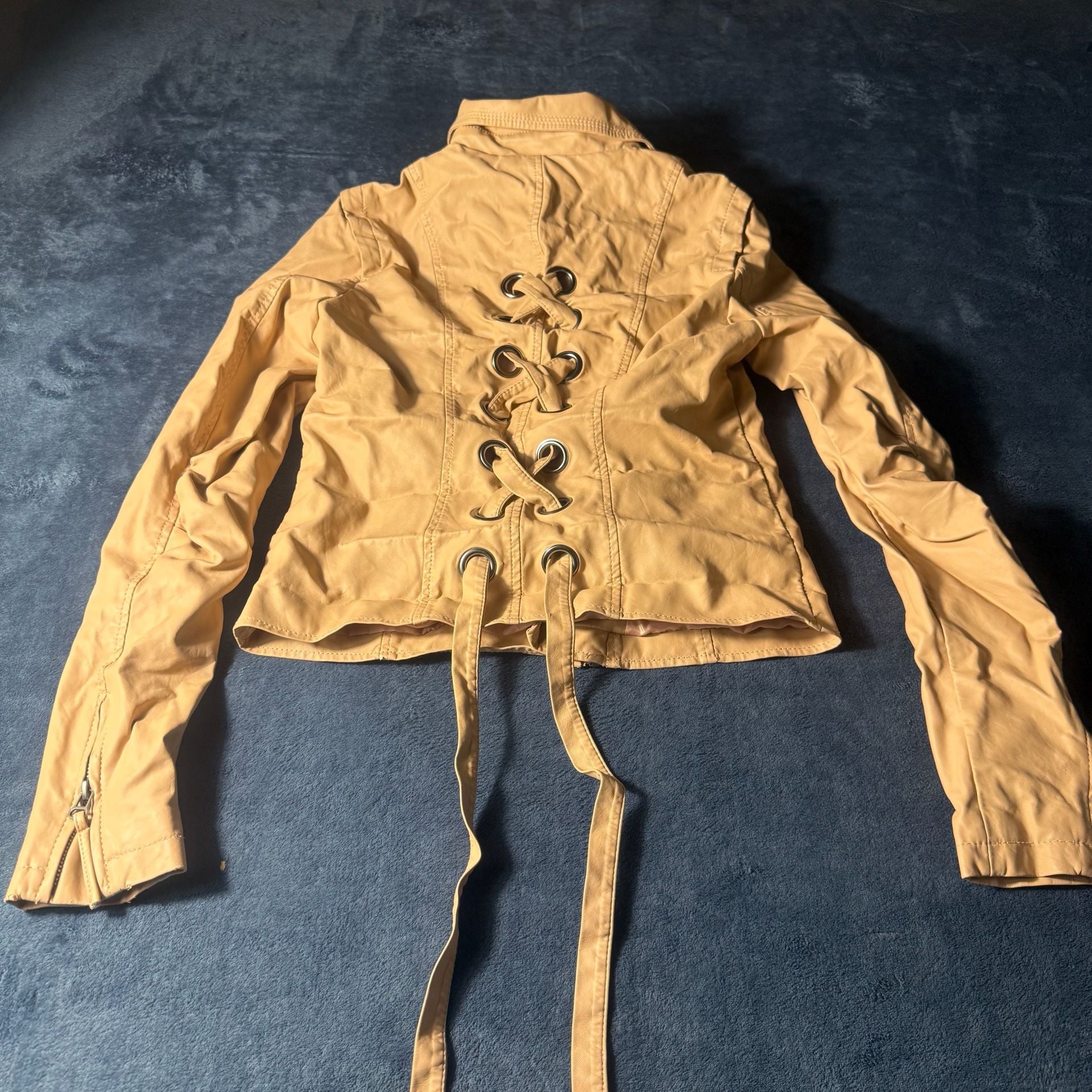 Solemio Moto Jacket Size M Tan Faux Leather Corset Back 6
