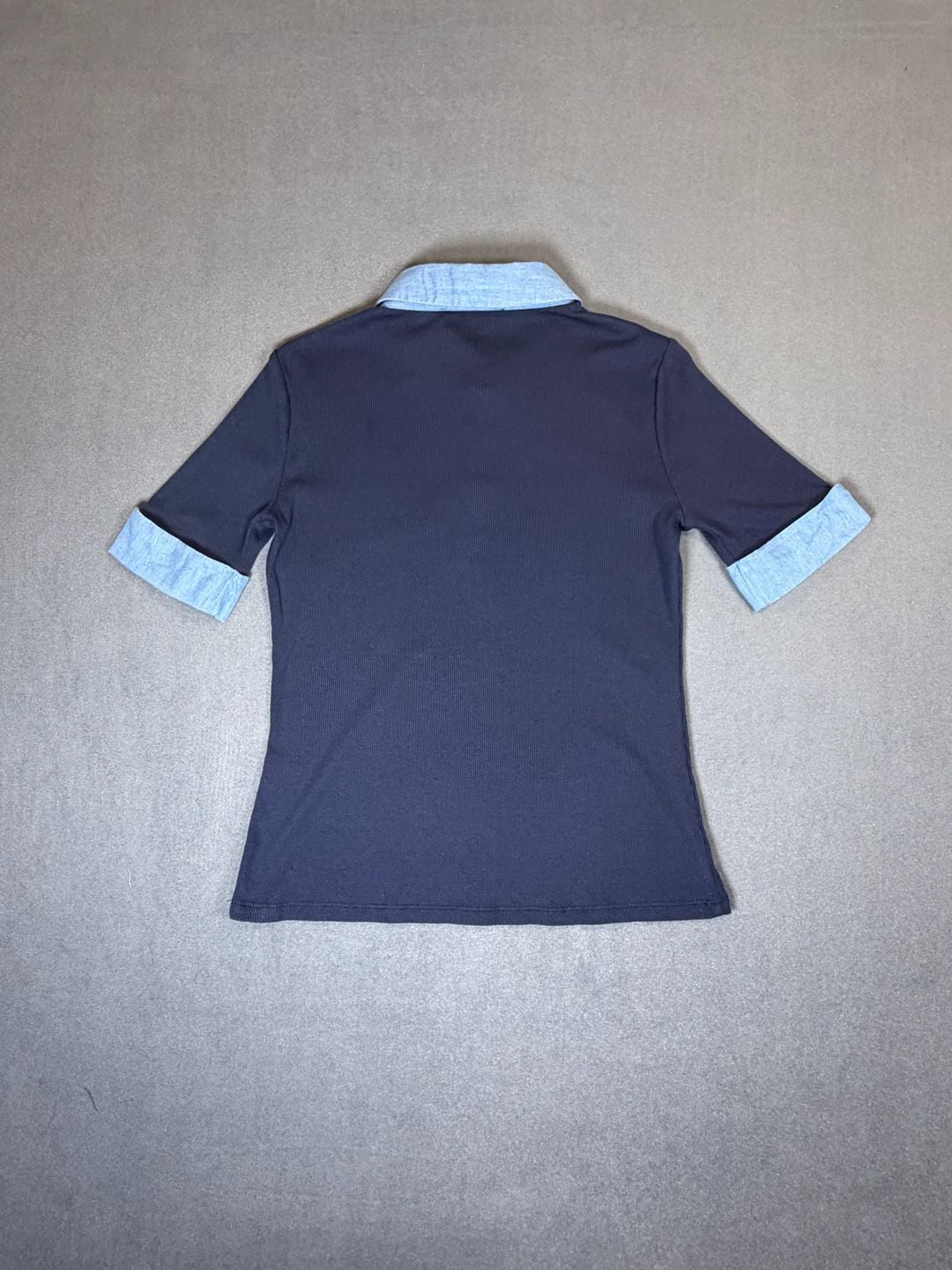 Truth NYC Navy Ribbed Polo Top M Chambray Collar Gold Buttons Y2K 7