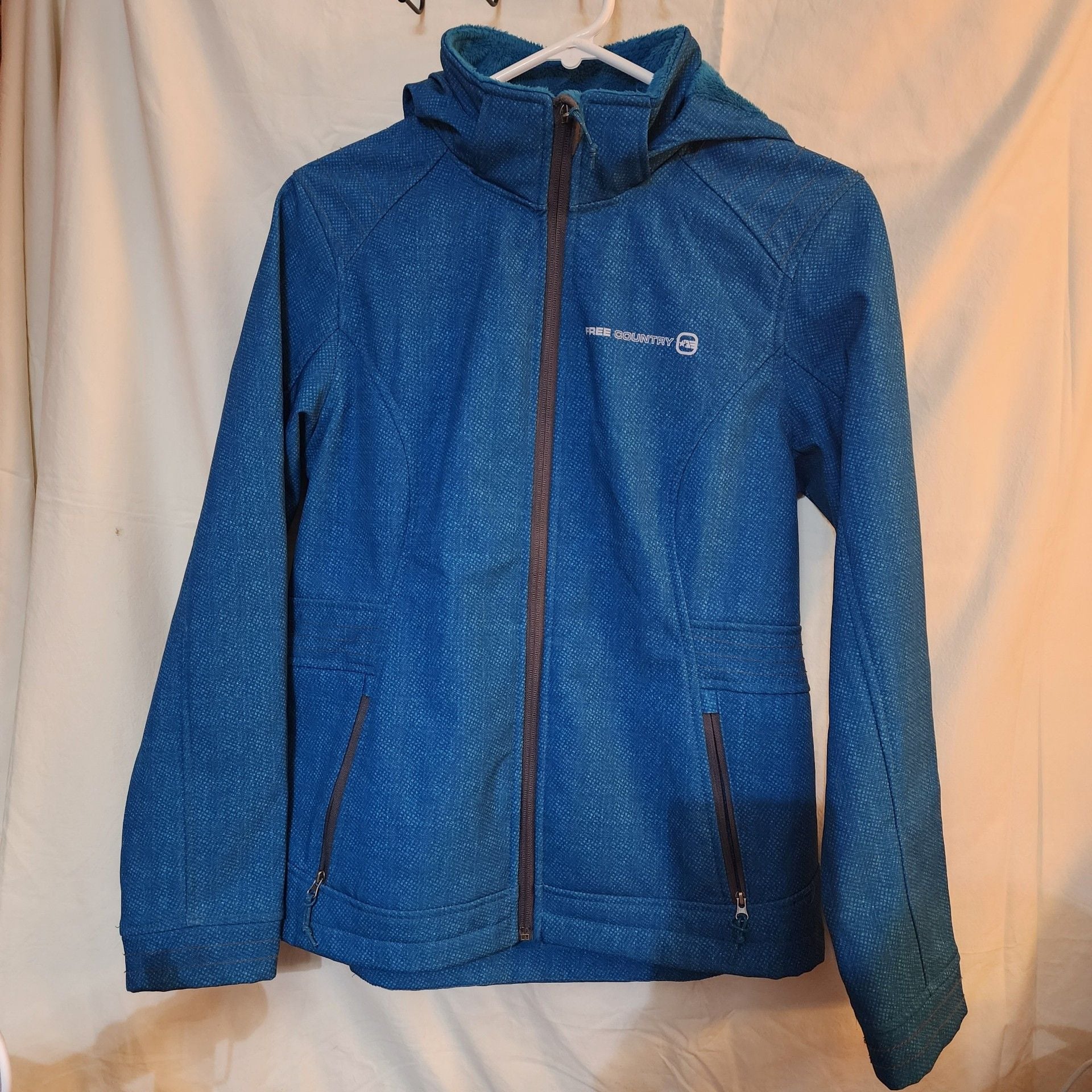 Free Country Softshell Jacket Size Medium Blue Faux Fur Lined Hooded 2