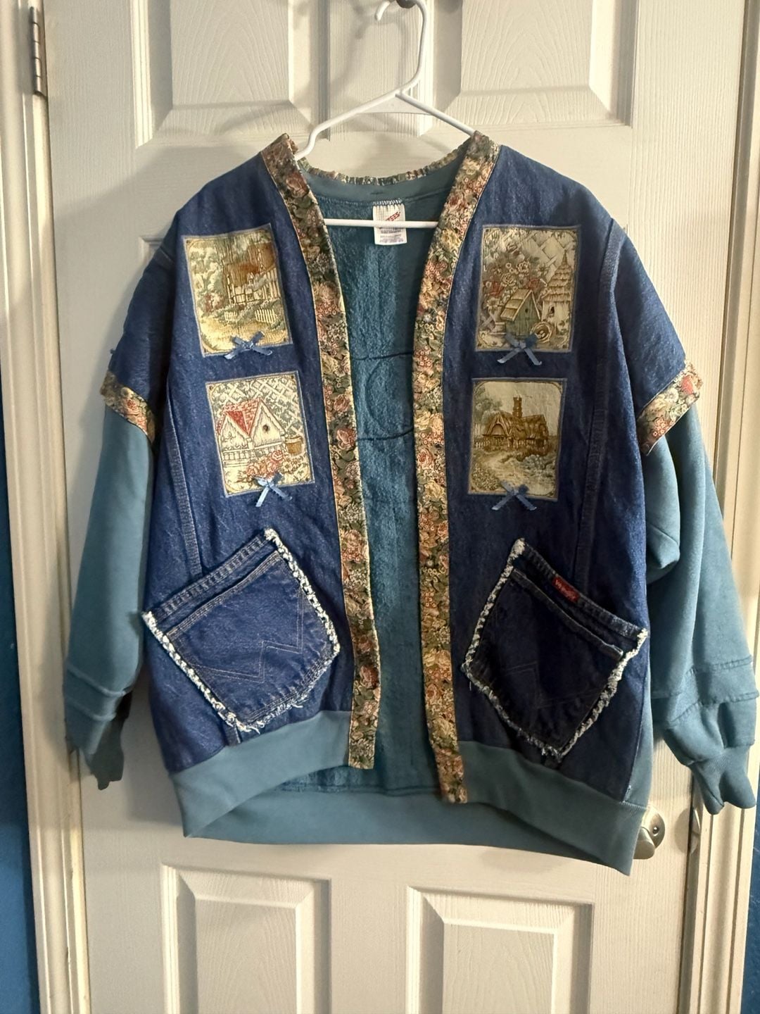 Vintage 90s Upcycled Denim Sweatshirt Jacket XL Cottagecore Wrangler Patchwork 2