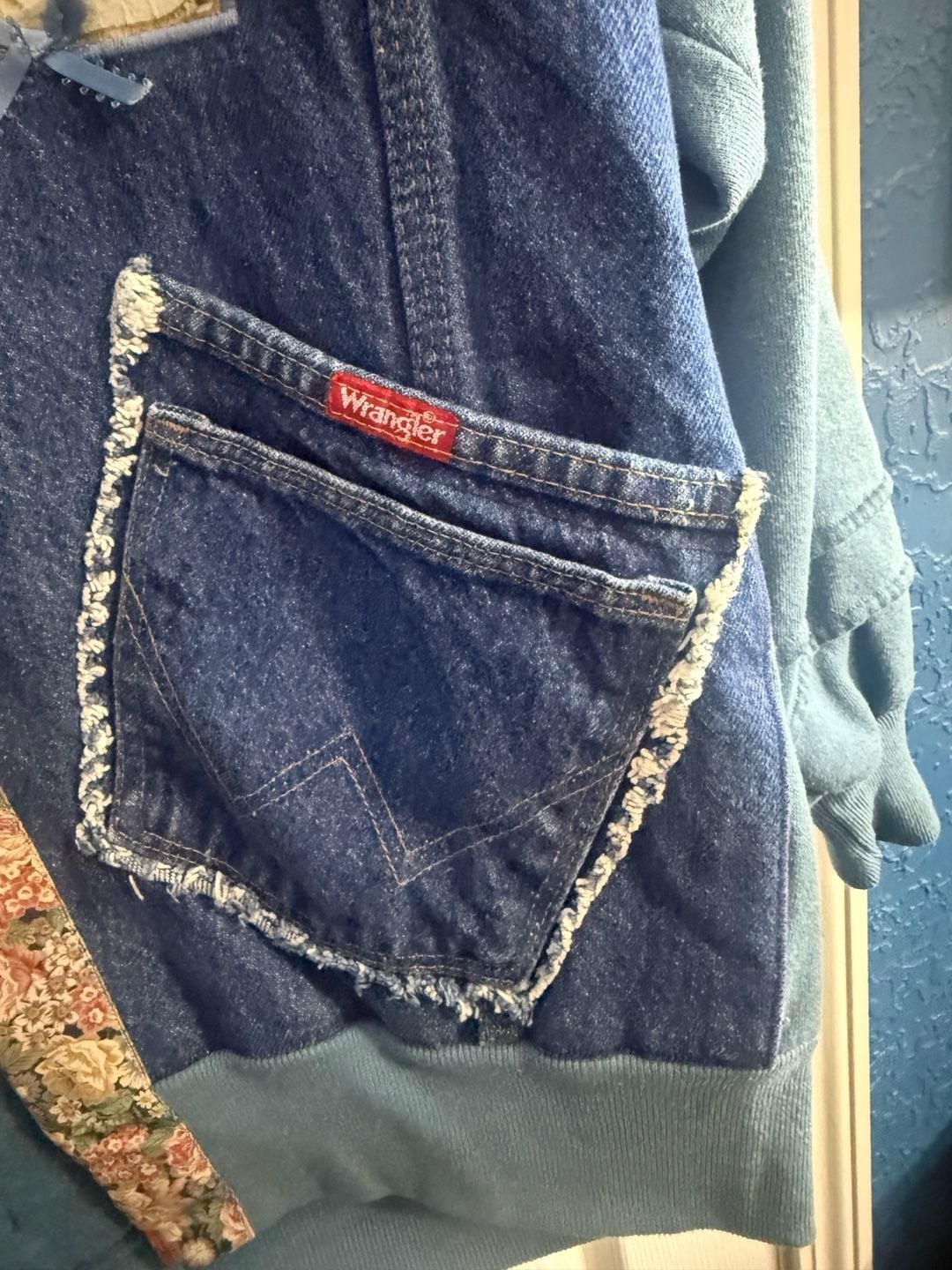 Vintage 90s Upcycled Denim Sweatshirt Jacket XL Cottagecore Wrangler Patchwork 6