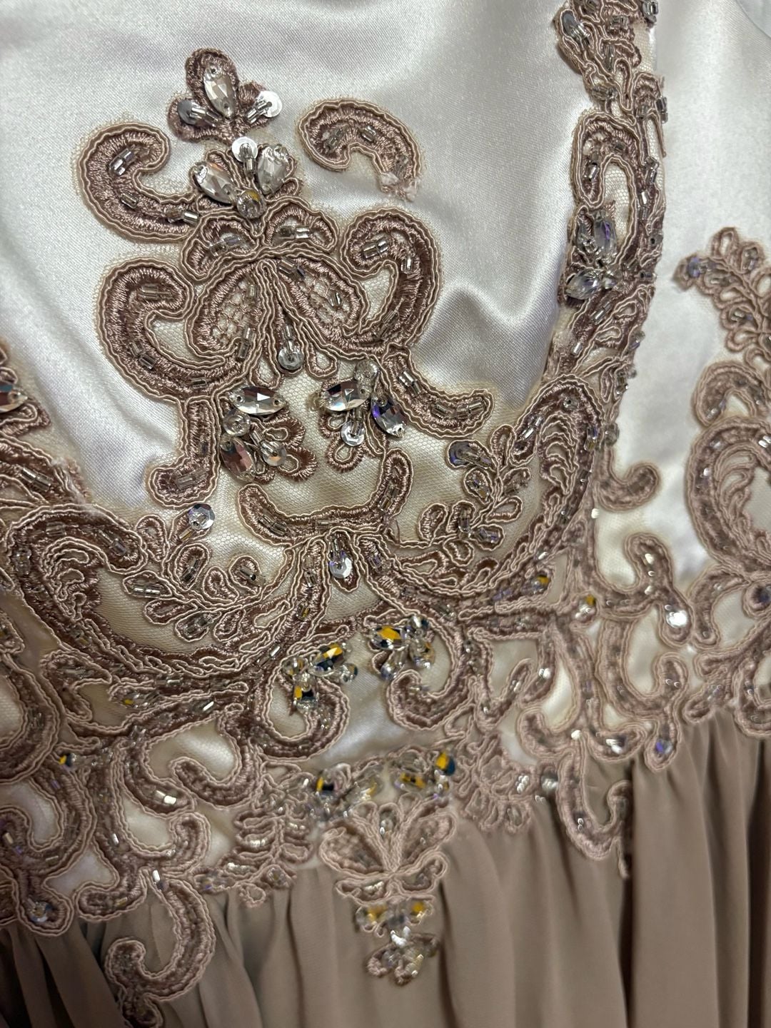 JJ's House Embellished Chiffon Evening Dress White Brown 3