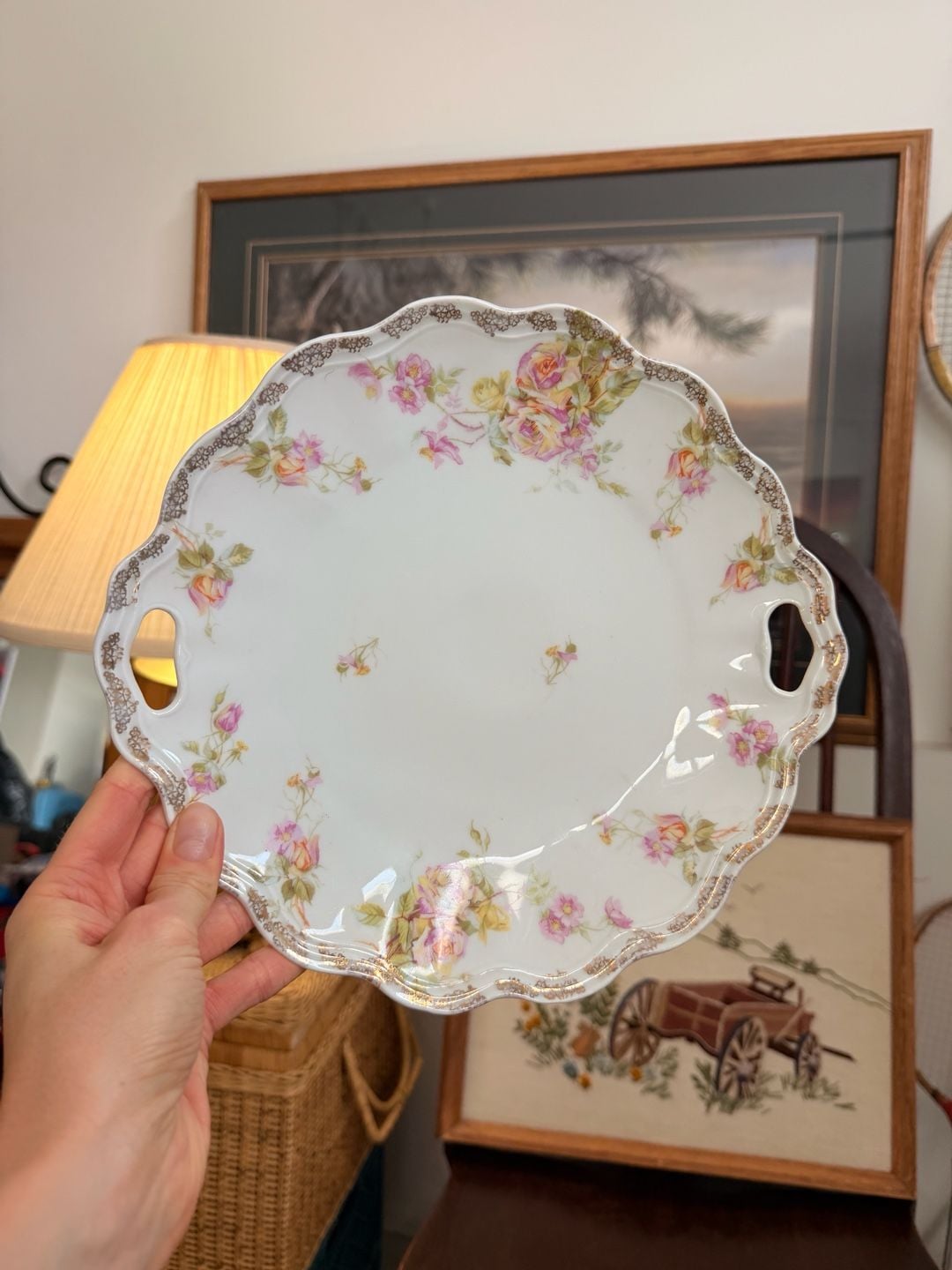 Antique Weimar Germany Porcelain Handled Cake Plate Serving Tray Rose Gold 7