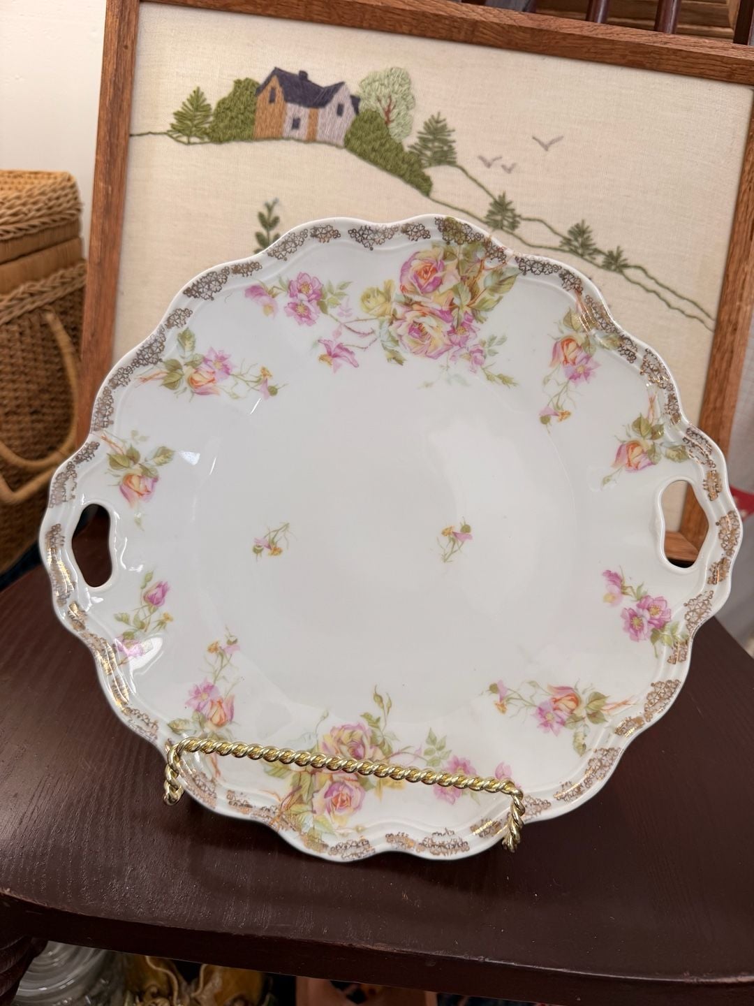 Antique Weimar Germany Porcelain Handled Cake Plate Serving Tray Rose Gold 9