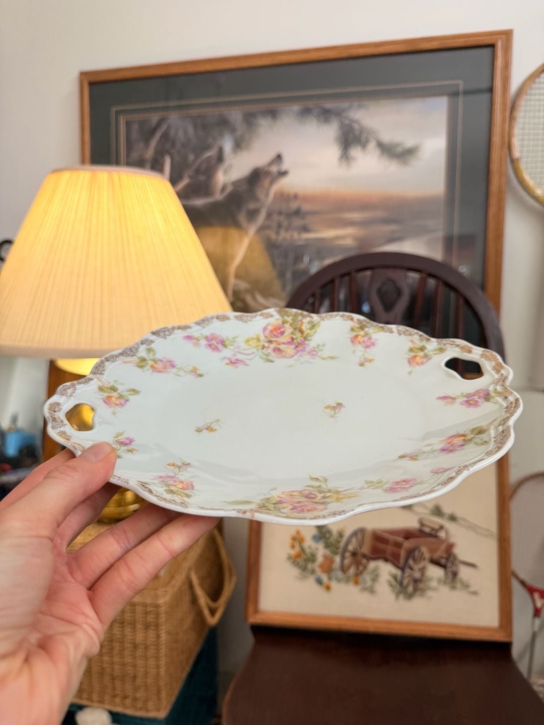 Antique Weimar Germany Porcelain Handled Cake Plate Serving Tray Rose Gold 10