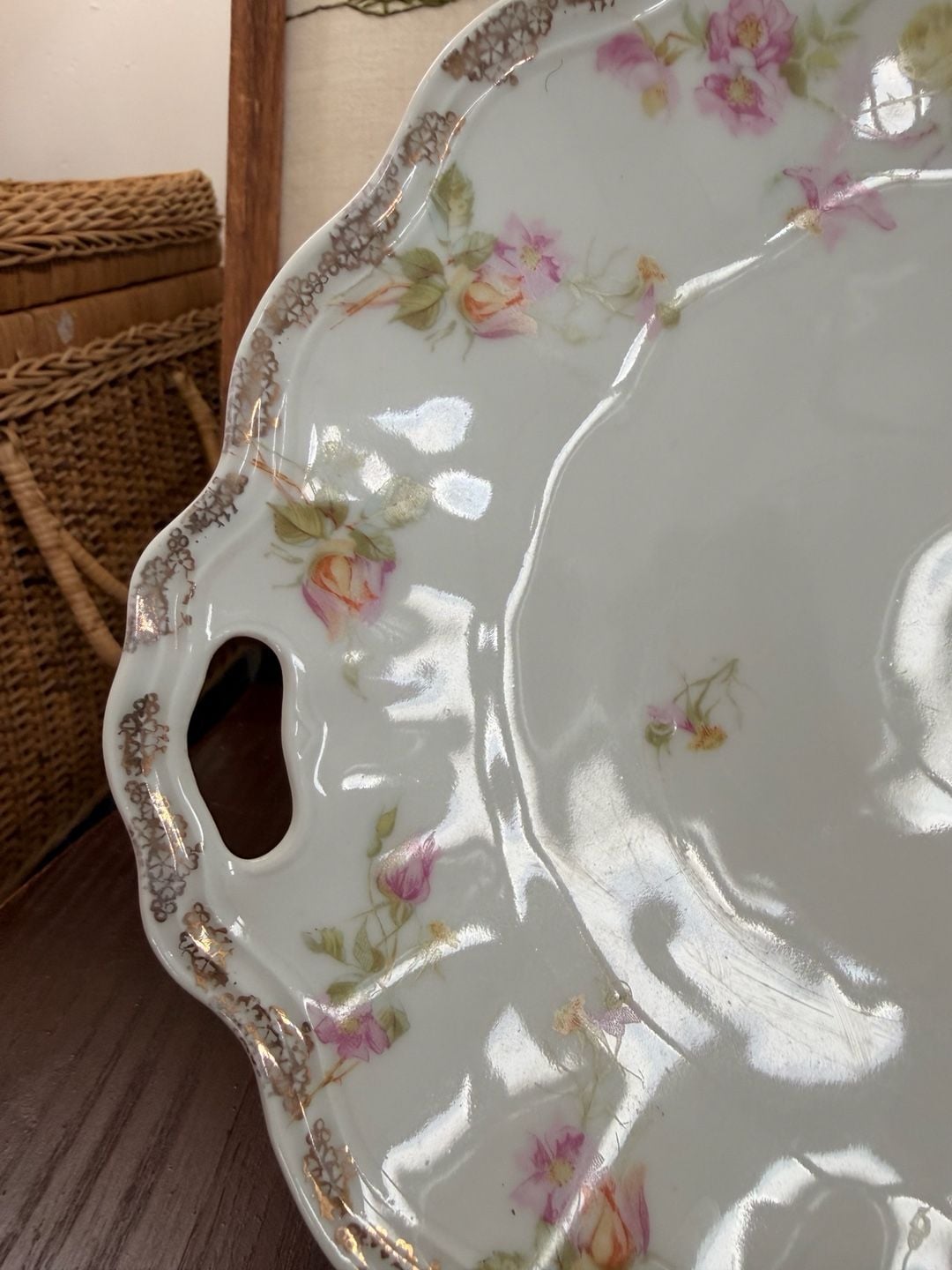 Antique Weimar Germany Porcelain Handled Cake Plate Serving Tray Rose Gold 11