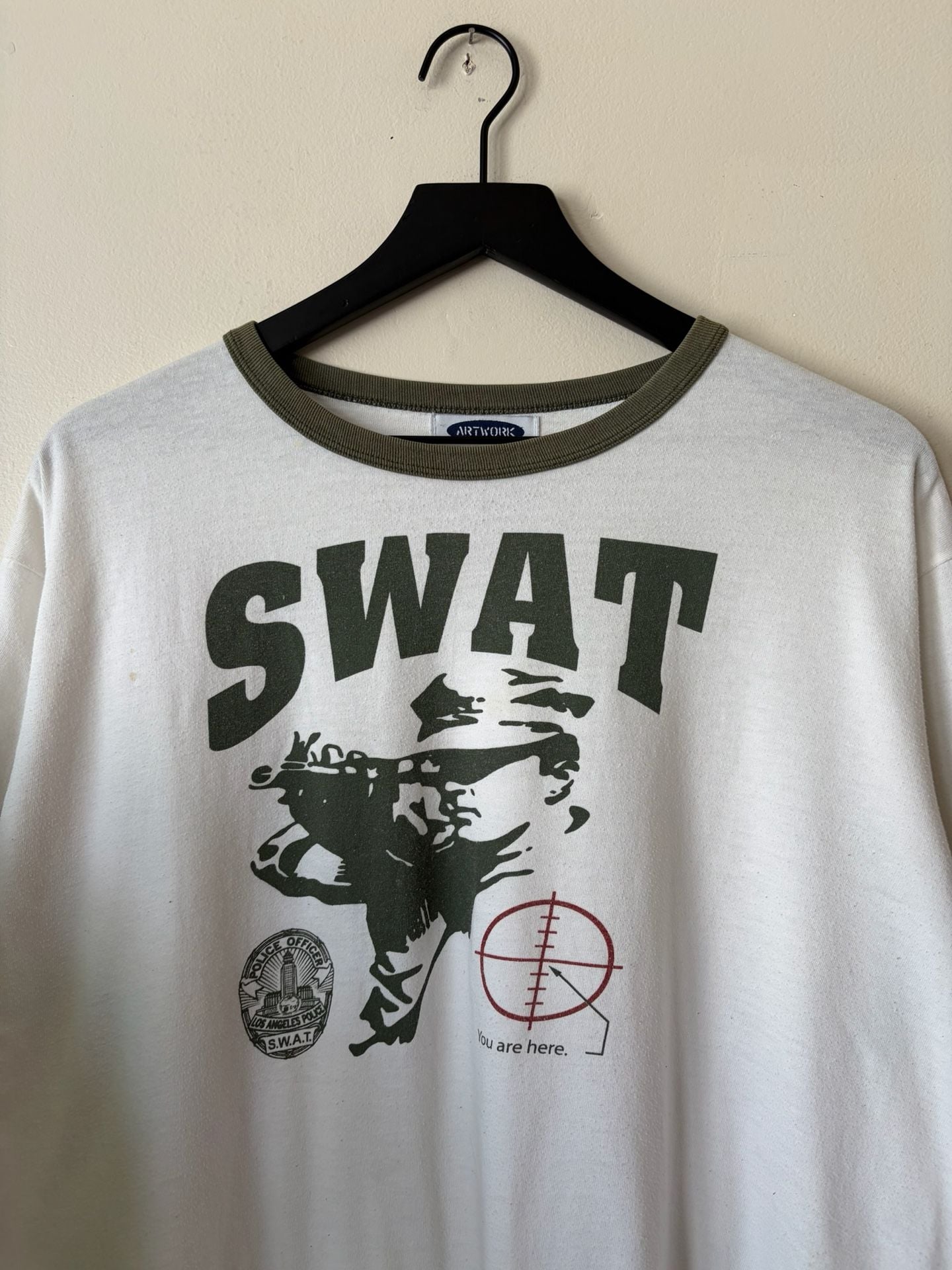 SWAT Graphic Ringer T-Shirt Size L White Green 3