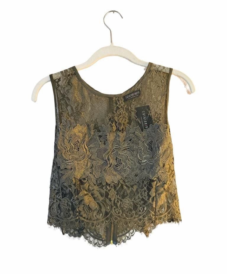 Fashion Nova Grand Gesture Top Size L Olive Lace Floral Crop Tank 2