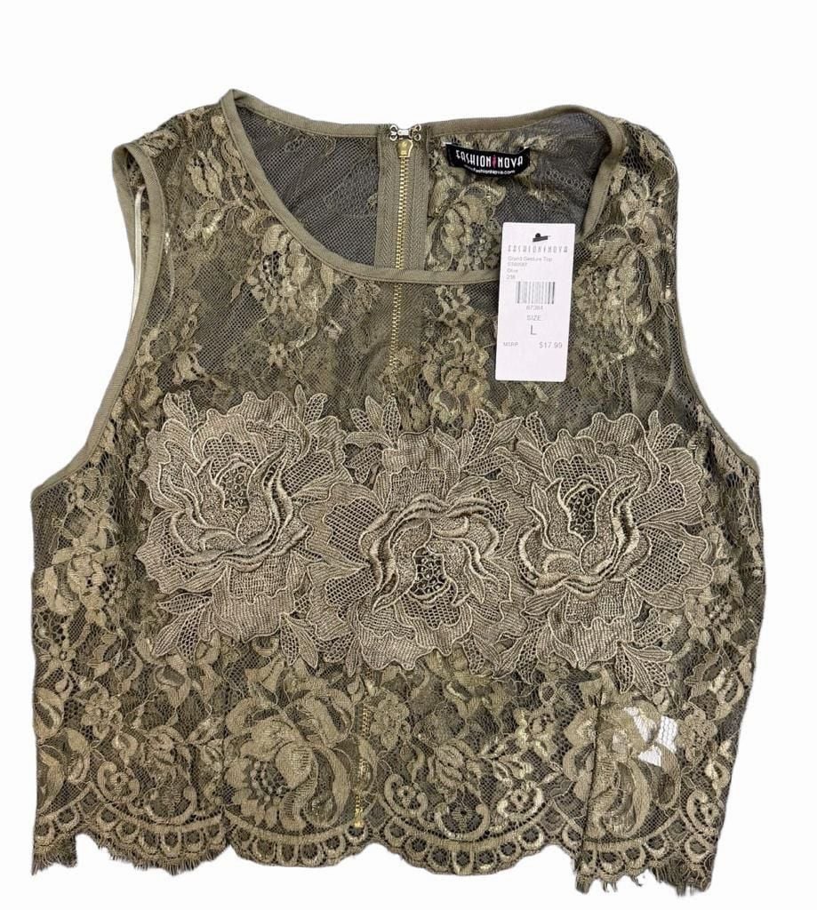 Fashion Nova Grand Gesture Top Size L Olive Lace Floral Crop Tank 4
