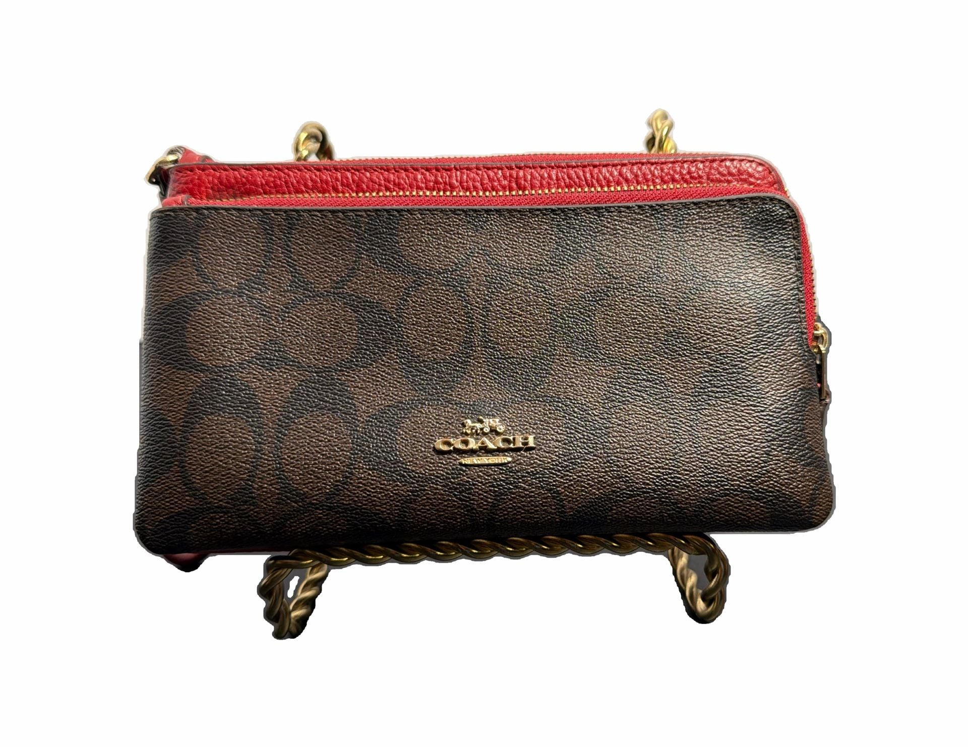 Coach C5576 Brown Signature 1941 Red Leather Double Zip Wristlet preowned like new 10