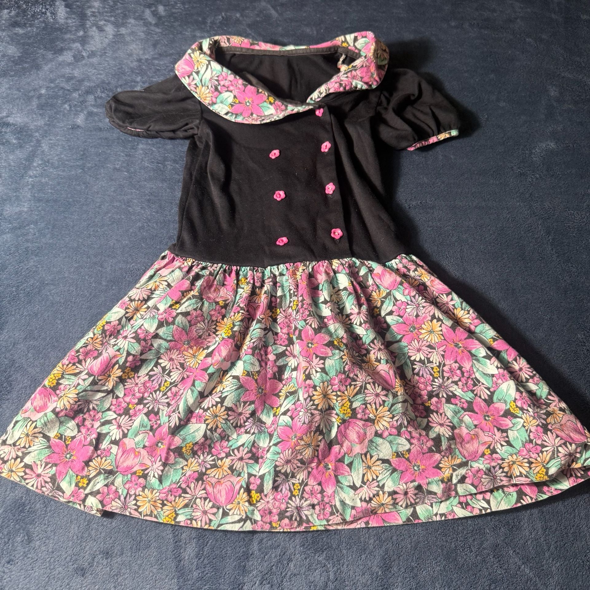 Evy Vintage Floral Dress Size youth 6X Black Pink Collar 1
