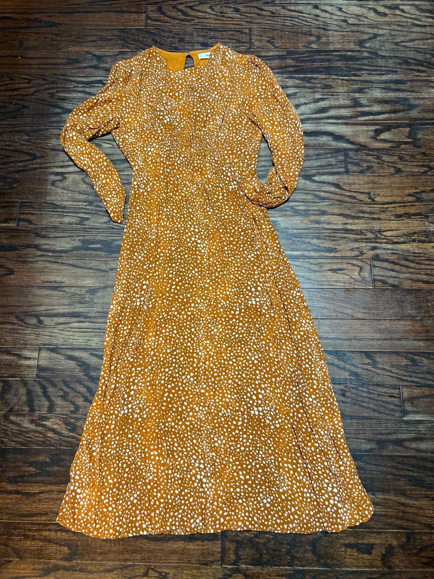 MNG Long Sleeve Midi Dress Size M Orange White Polka Dot 2