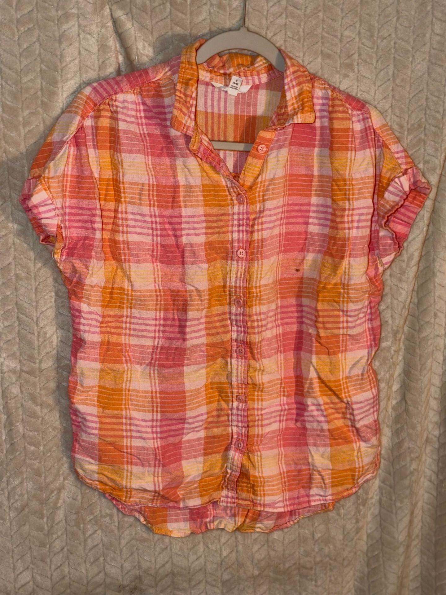Time and Tru Short Sleeve Plaid Button-Up Shirt Size S (4-6) Pink Orange 2