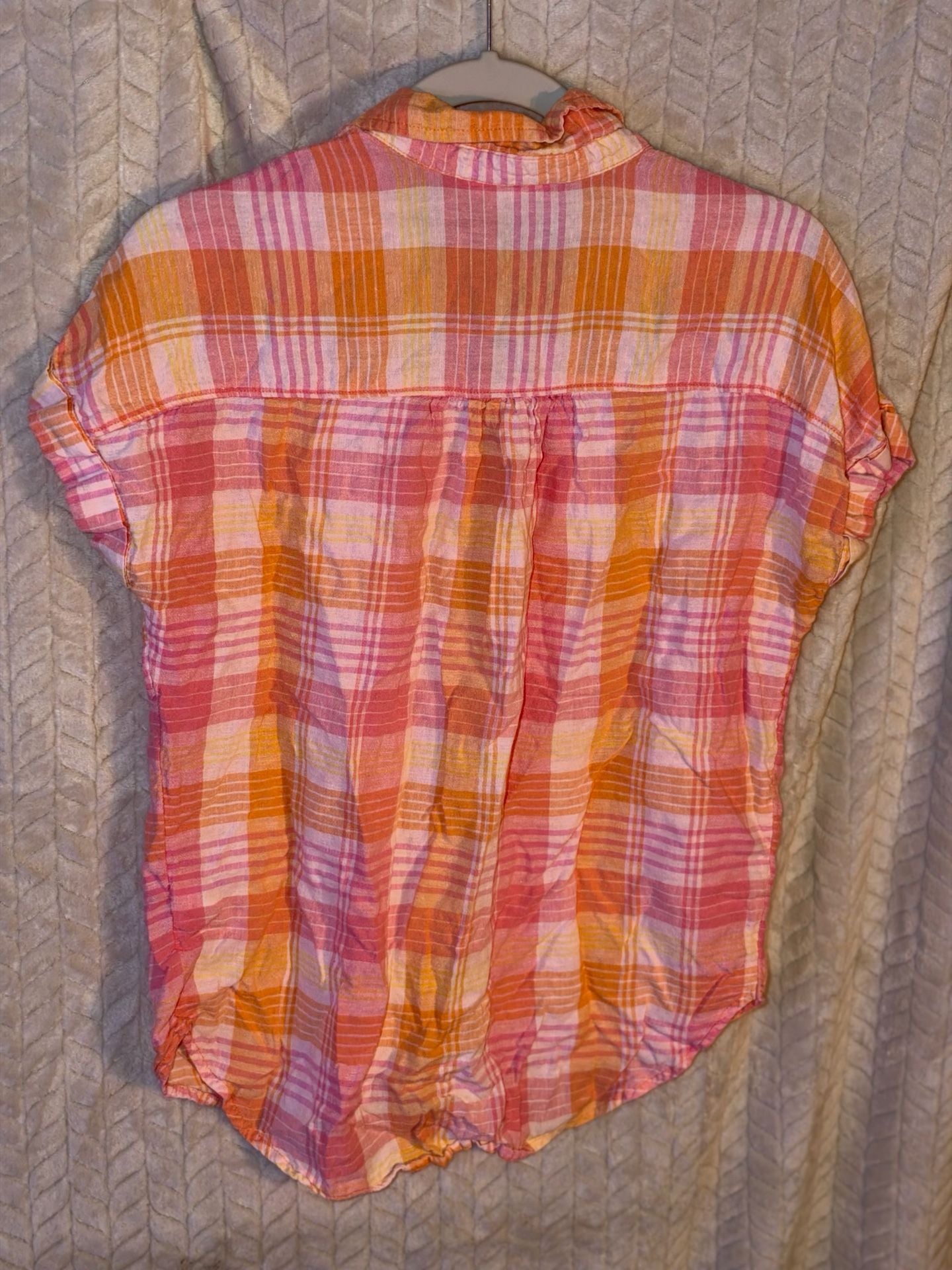 Time and Tru Short Sleeve Plaid Button-Up Shirt Size S (4-6) Pink Orange 3