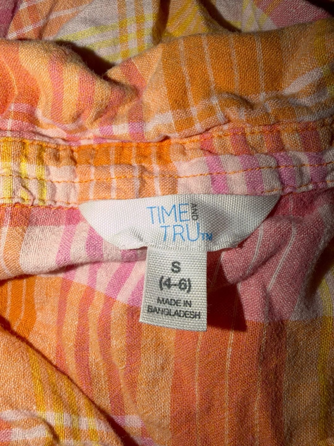 Time and Tru Short Sleeve Plaid Button-Up Shirt Size S (4-6) Pink Orange 4