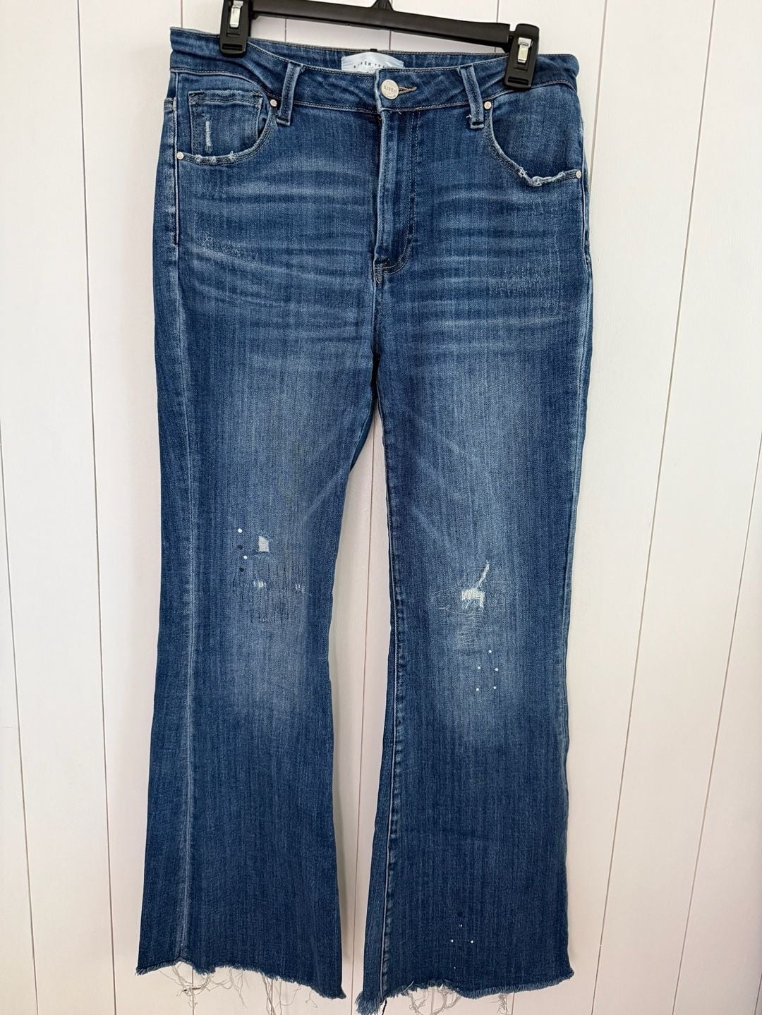 Risen Jeans Flare Distressed Denim Size 11/30 Blue Raw Hem 2