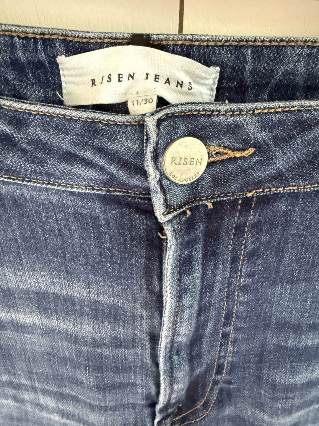 Risen Jeans Flare Distressed Denim Size 11/30 Blue Raw Hem 3
