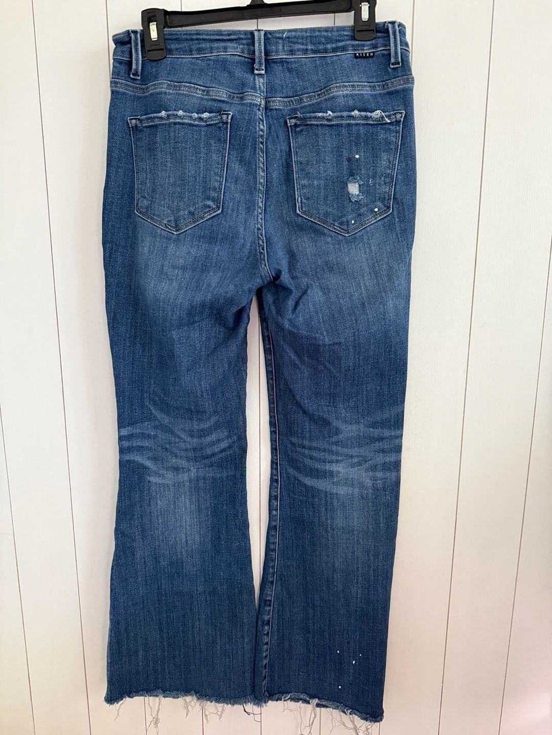 Risen Jeans Flare Distressed Denim Size 11/30 Blue Raw Hem 5
