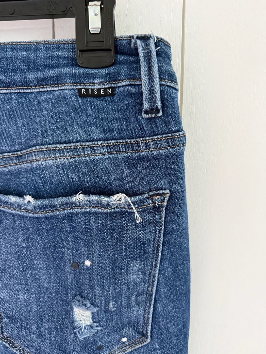 Risen Jeans Flare Distressed Denim Size 11/30 Blue Raw Hem 6
