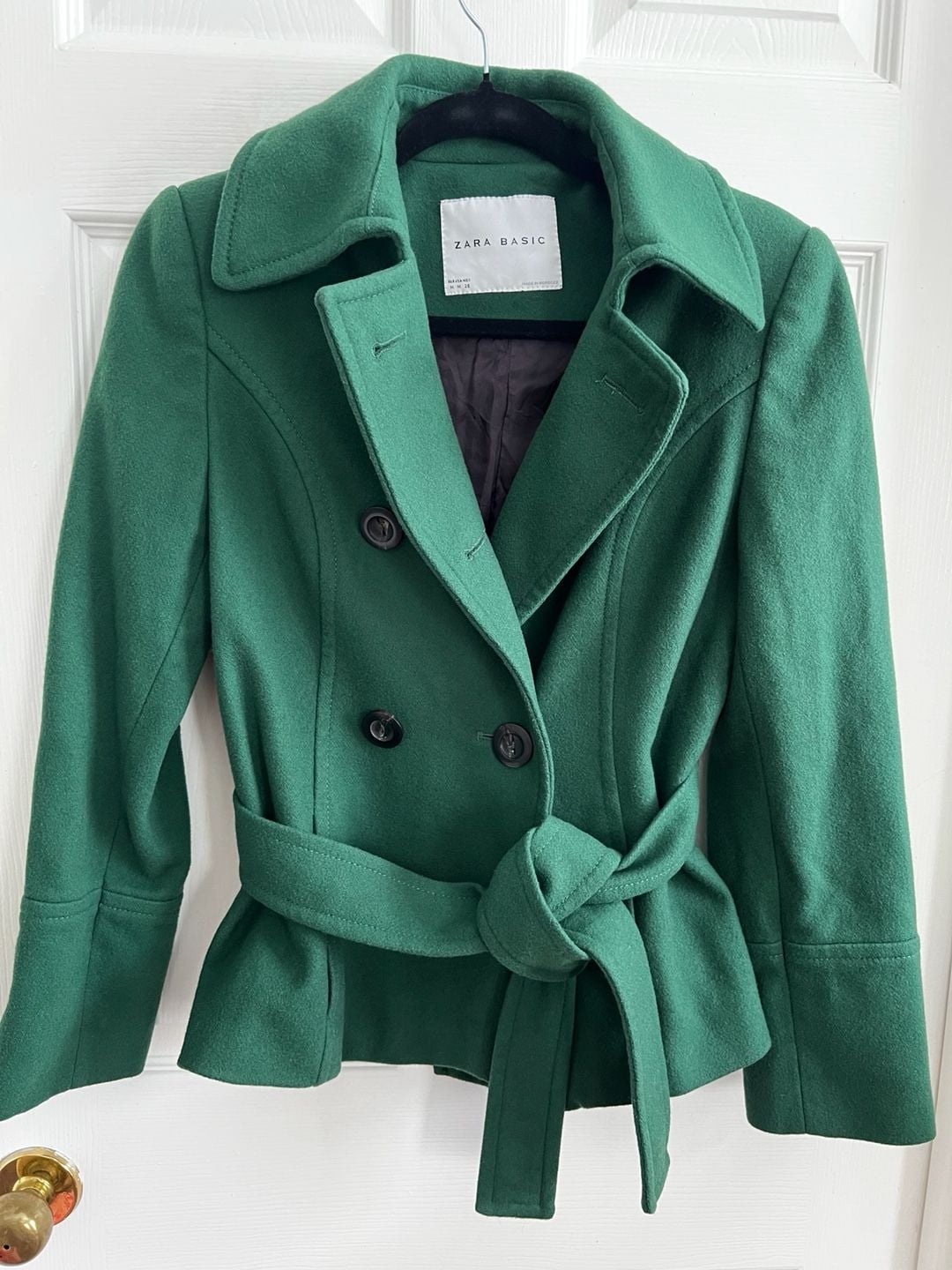 Zara Basic Wool Pea Coat Size M Green Belted Double Breasted 2