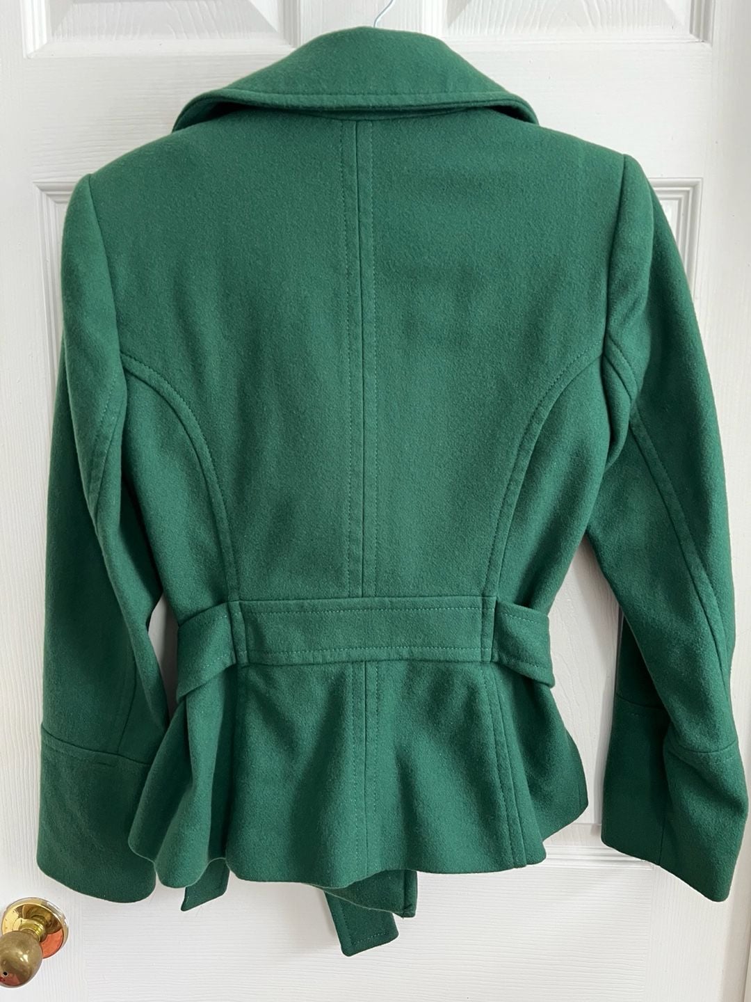 Zara Basic Wool Pea Coat Size M Green Belted Double Breasted 5