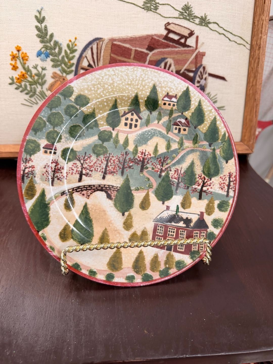 Country Village Salad Plate Winter Town Folk Art 1995 Decor Wall Plate Block 3