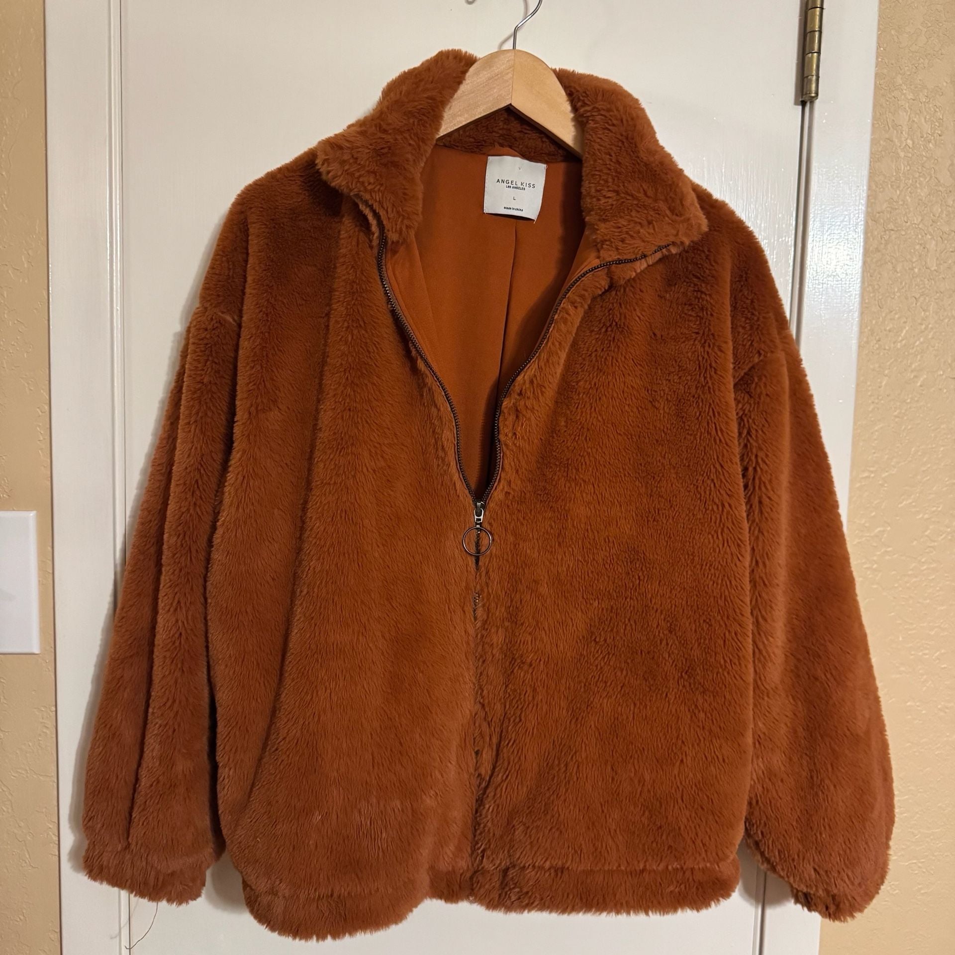 Angel Kiss Womens L Brown Teddy Faux Fur Jacket Full Zip Sherpa Western Boho 3