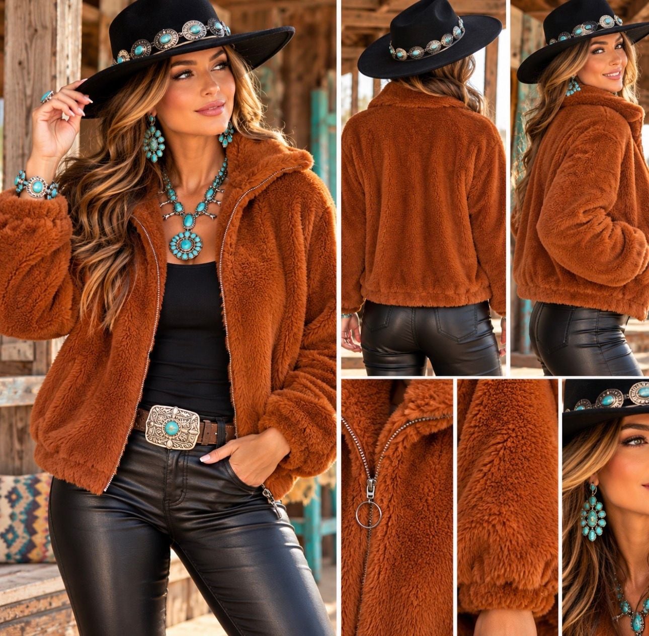 Angel Kiss Womens L Brown Teddy Faux Fur Jacket Full Zip Sherpa Western Boho 2