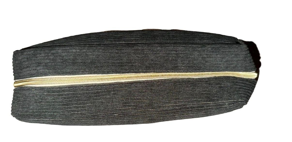 Face Corduroy Makeup Pouch Dark Gray Gold Letters 3