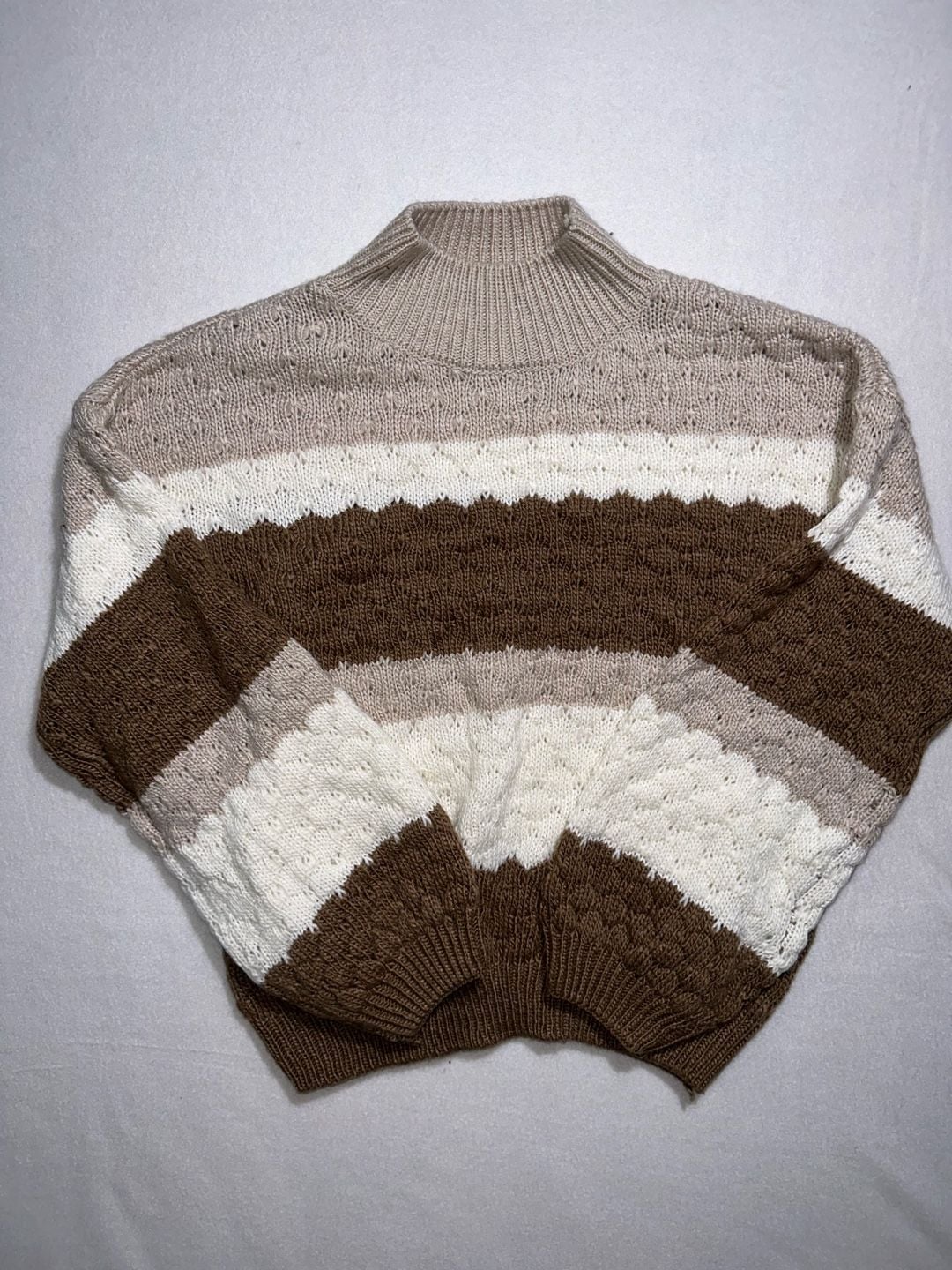 MINE Sweater Size L Brown Beige Striped Mock Neck Knit Pullover 2