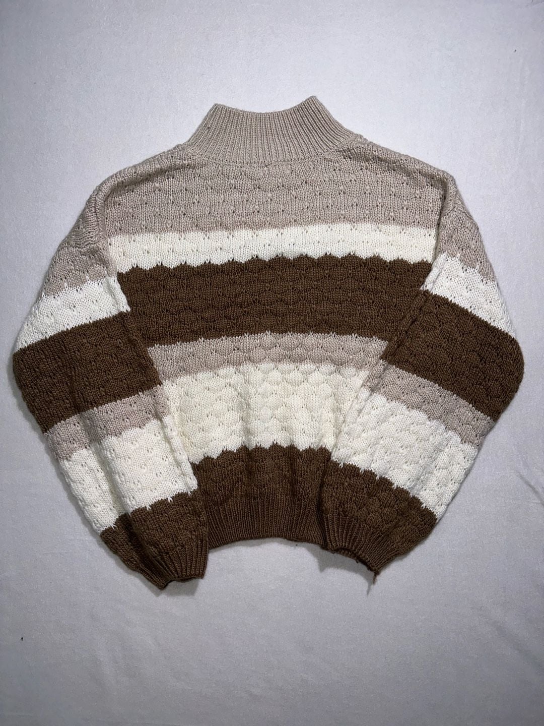 MINE Sweater Size L Brown Beige Striped Mock Neck Knit Pullover 3