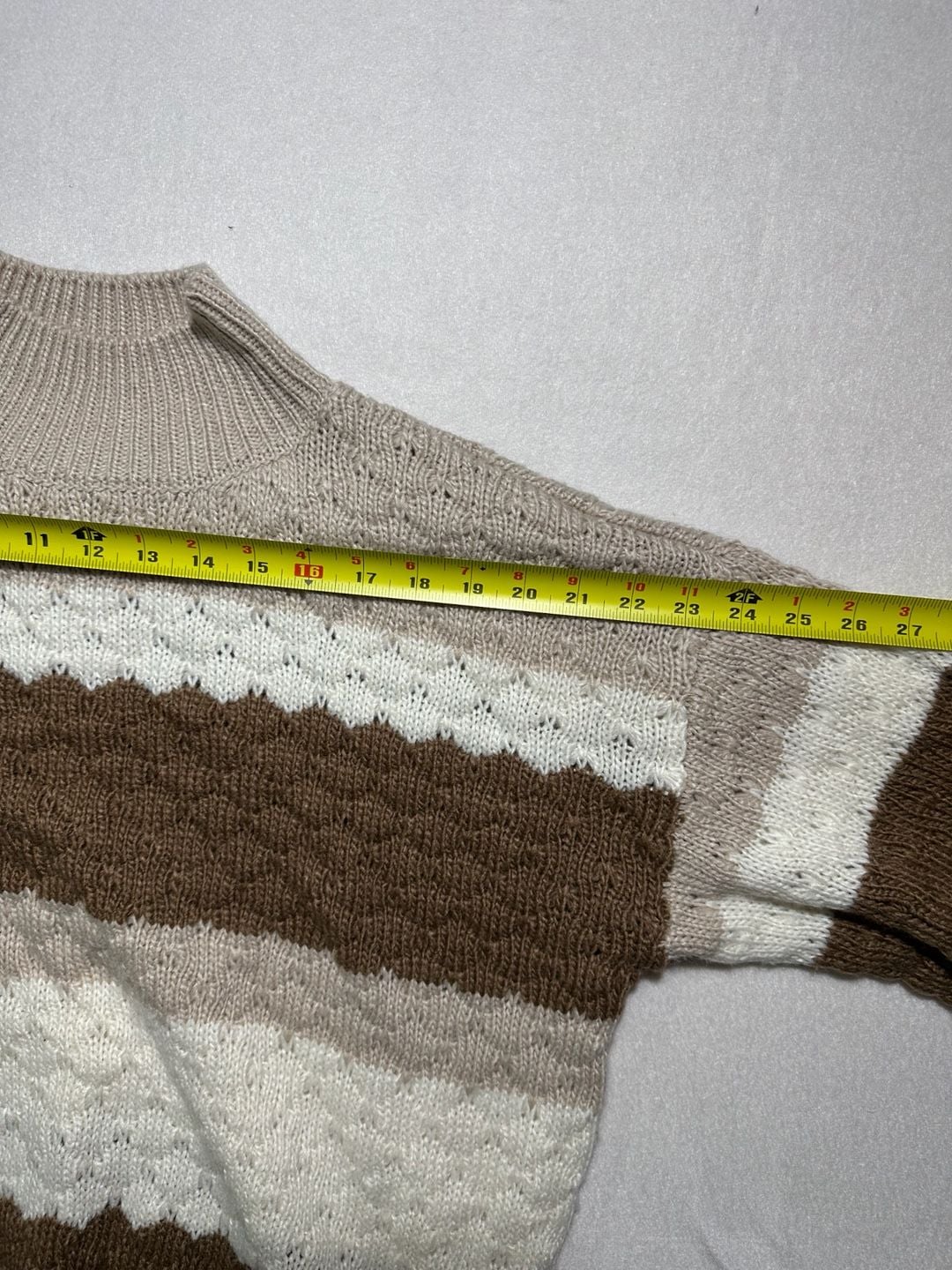 MINE Sweater Size L Brown Beige Striped Mock Neck Knit Pullover 5
