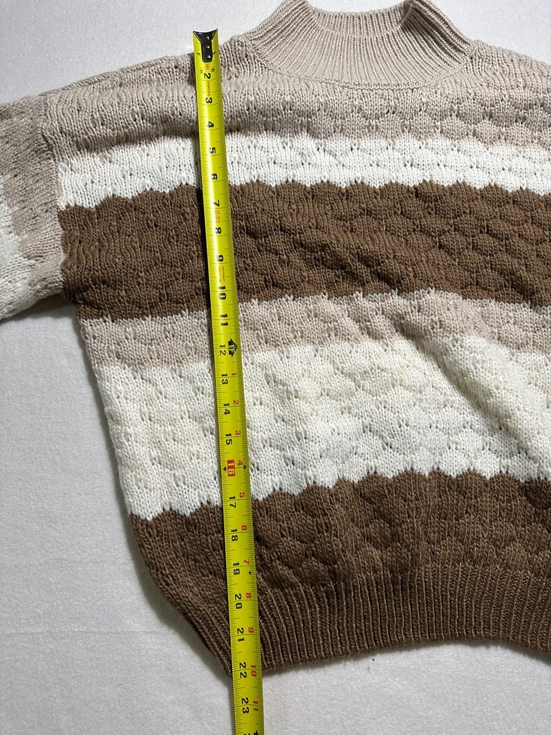 MINE Sweater Size L Brown Beige Striped Mock Neck Knit Pullover 7
