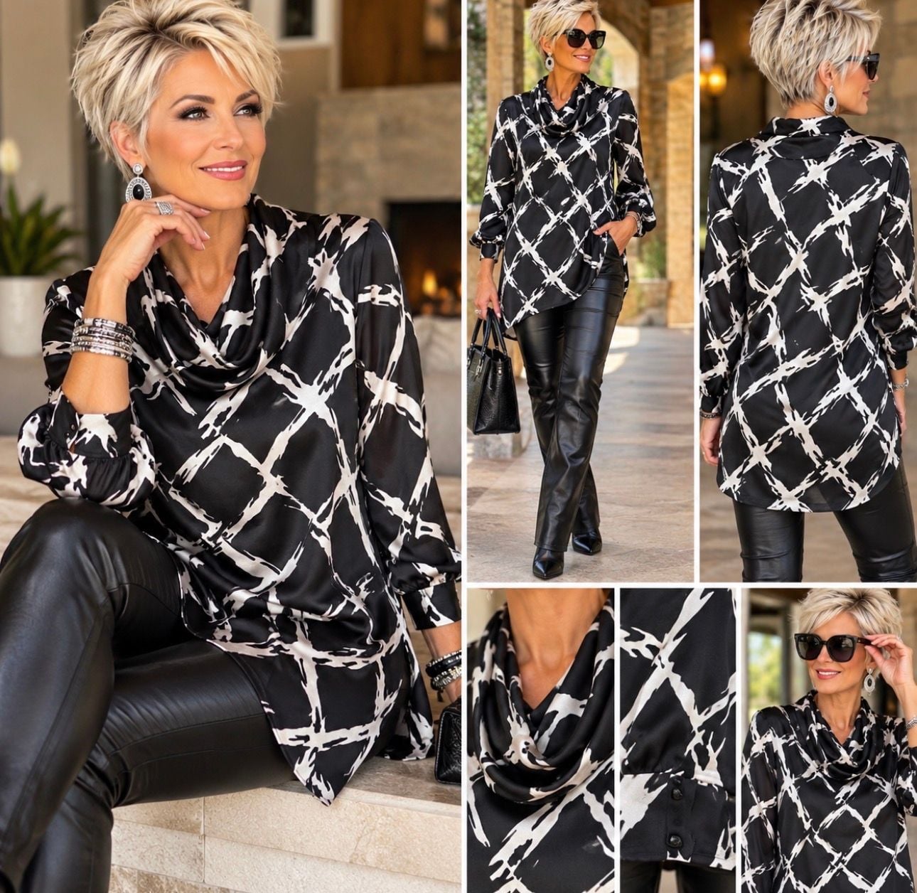 Chico’s Size 2 L Black White Abstract Satin Tunic Blouse Cowl Neck Long Sleeve 2