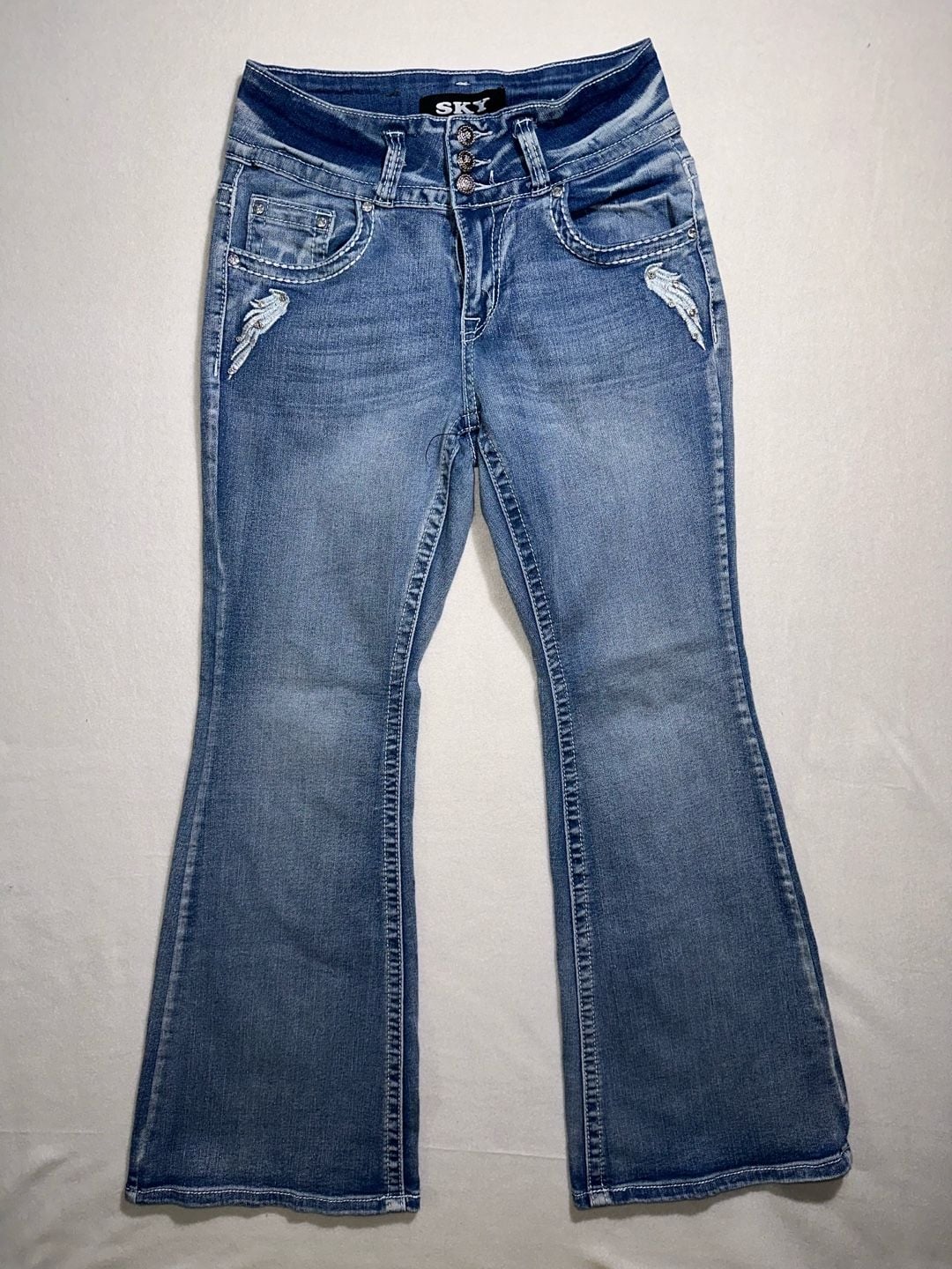 Sky Flare Jeans Embellished Pockets Blue Wash 2