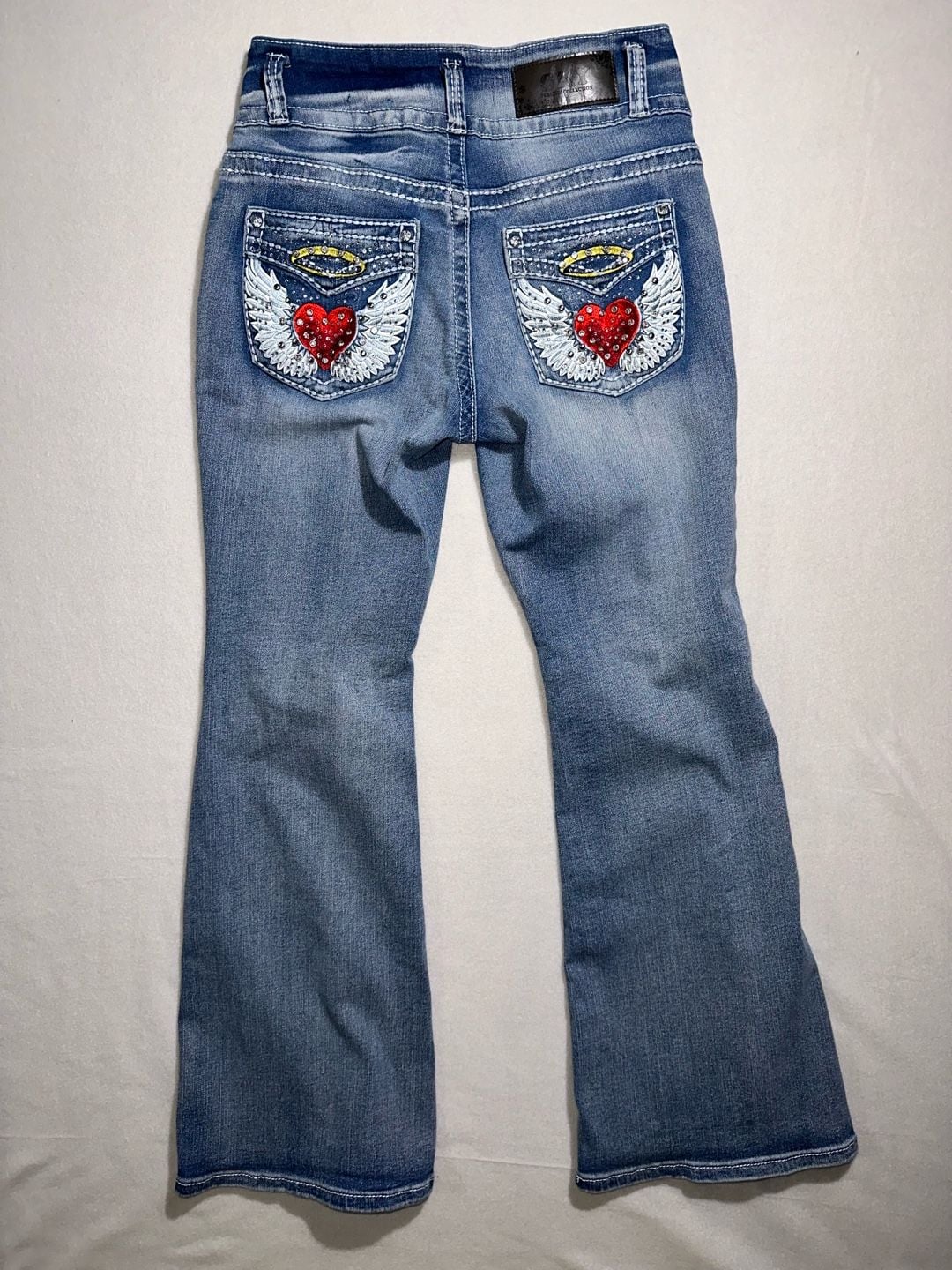 Sky Flare Jeans Embellished Pockets Blue Wash 3