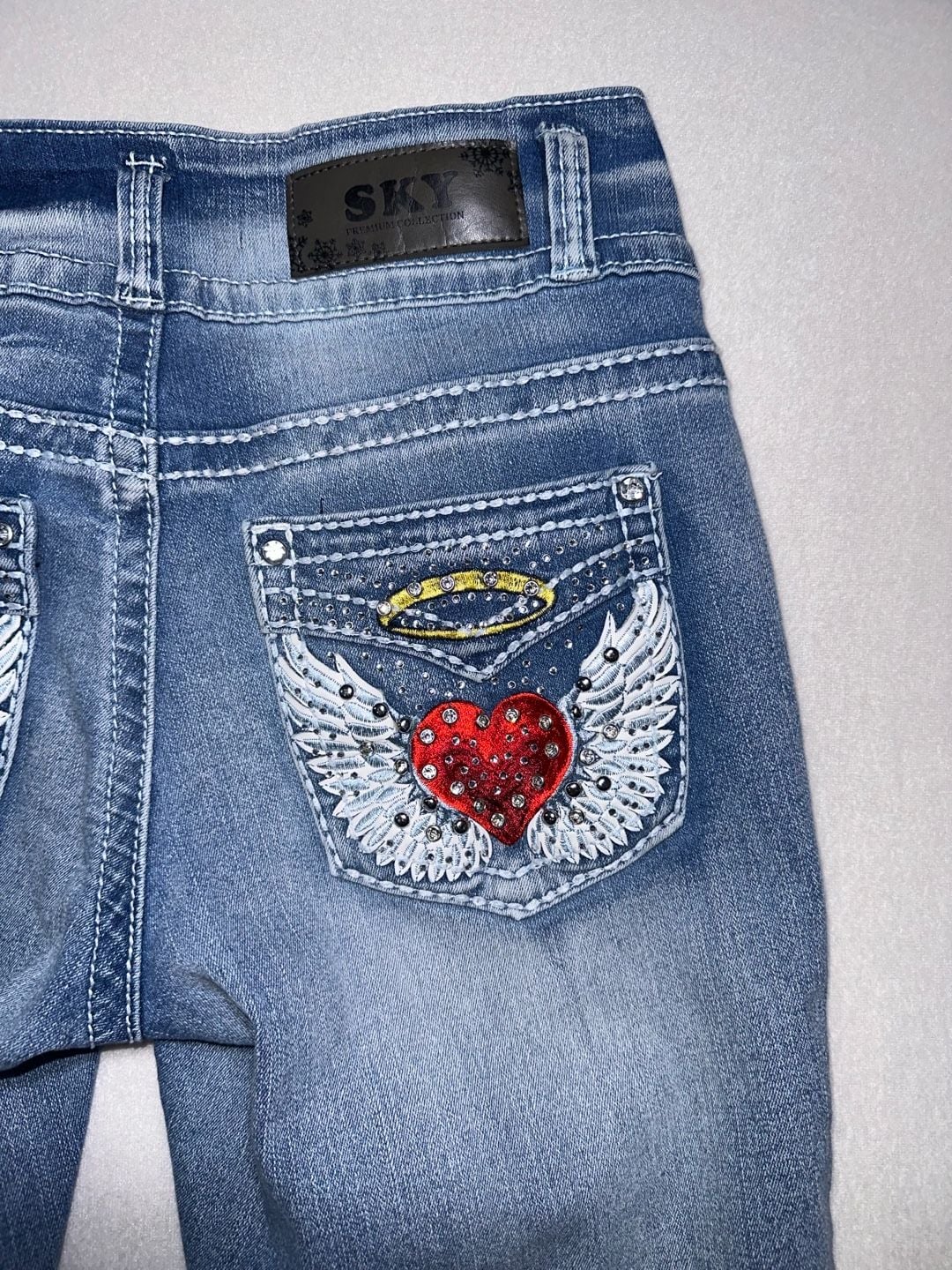 Sky Flare Jeans Embellished Pockets Blue Wash 4