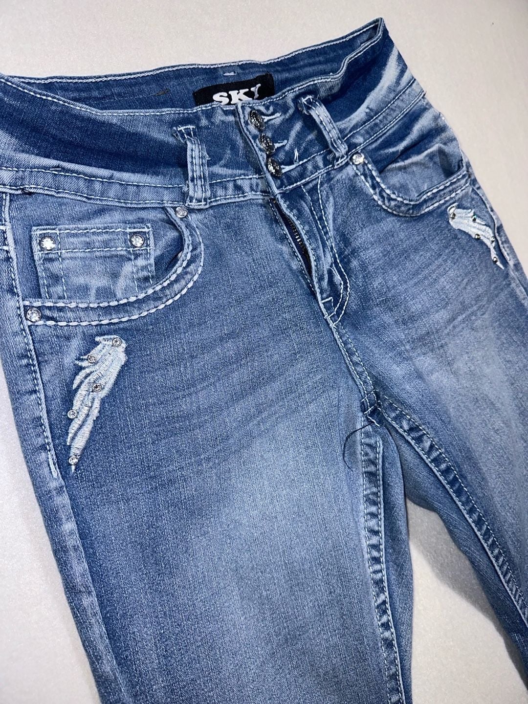 Sky Flare Jeans Embellished Pockets Blue Wash 5