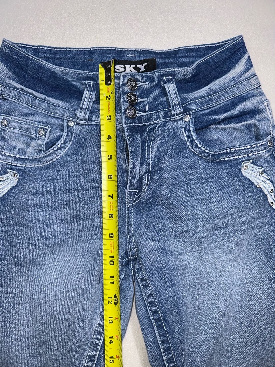 Sky Flare Jeans Embellished Pockets Blue Wash 7