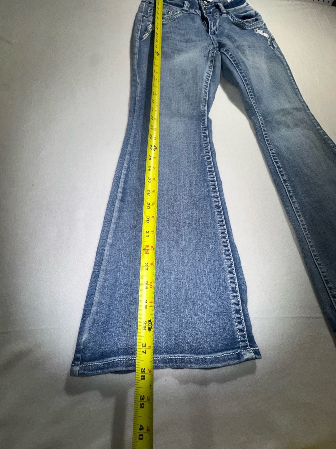 Sky Flare Jeans Embellished Pockets Blue Wash 8