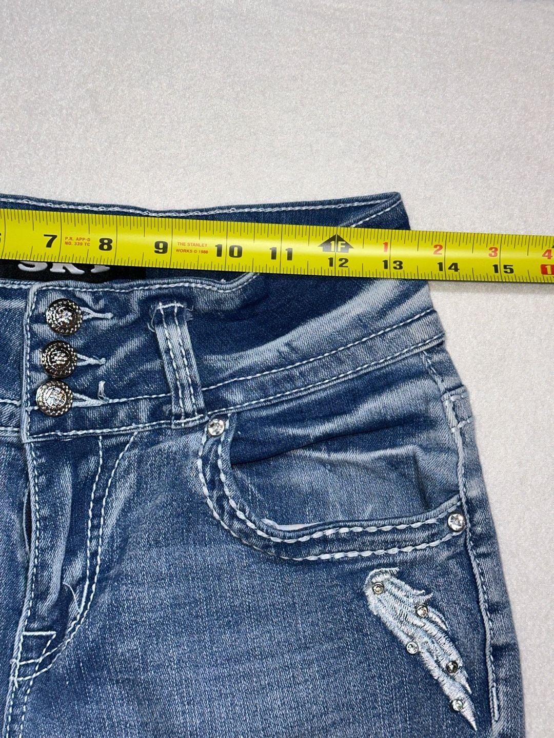 Sky Flare Jeans Embellished Pockets Blue Wash 10