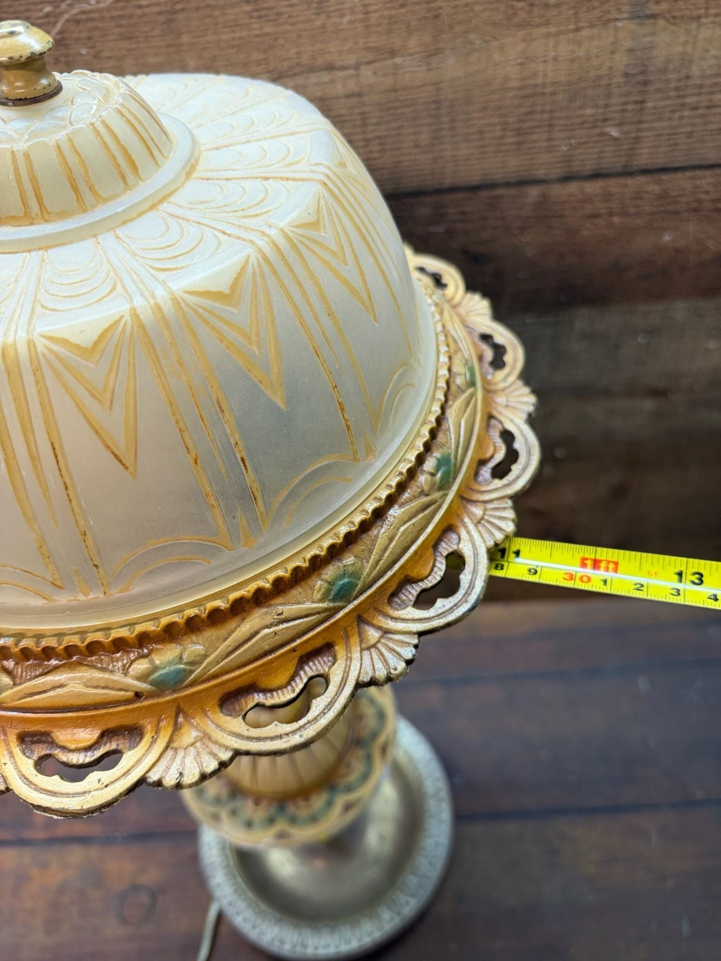Vintage Slag Glass Boudoir Table Lamp Floral Art Deco Style 11
