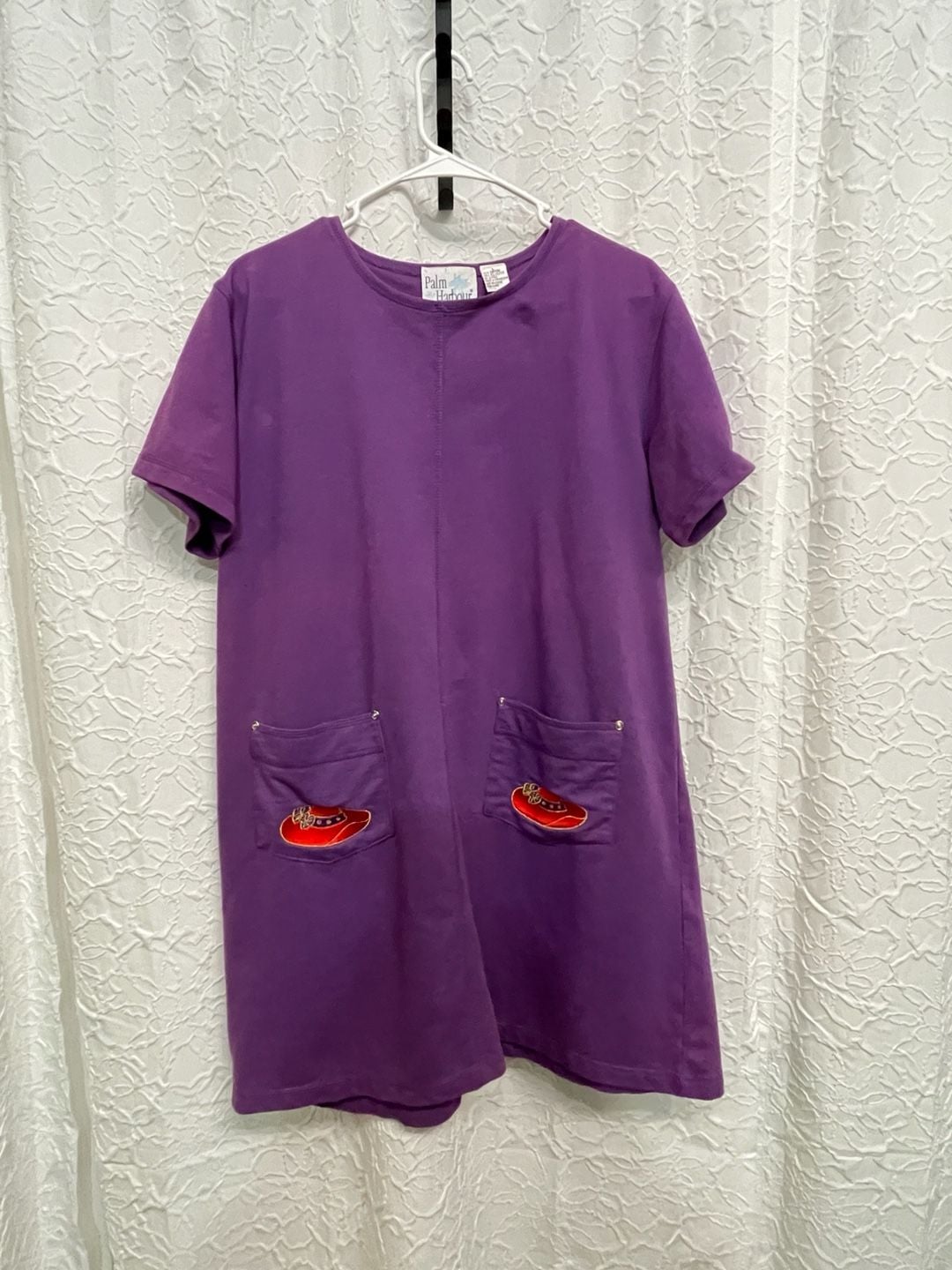 Palm Harbour Purple Red Hat Society Embroidered Pocket T Shirt Dress Large L 2
